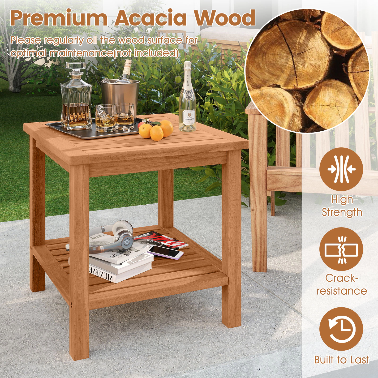 SUGIFT Acacia Wood Patio Side Table with Slatted Tabletop and Storage Shelf 165-lb Tabletop Capacity Natural
