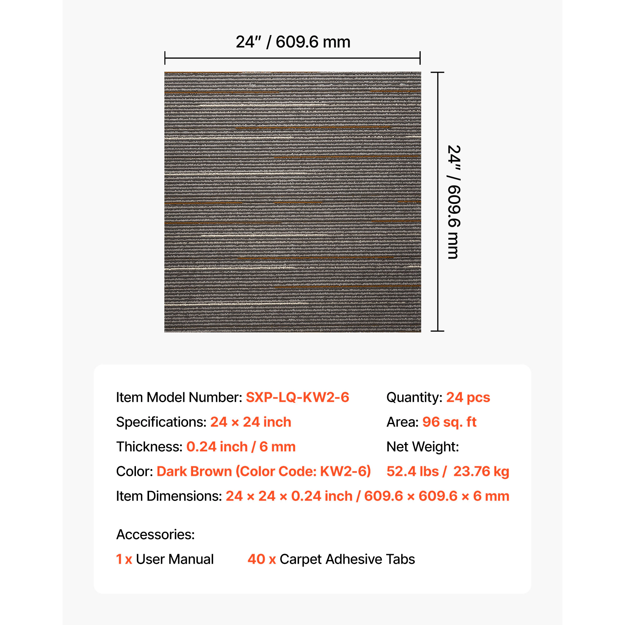 HONGGE 24-Pack Commercial Carpet Tiles, 24x24 In Padded Squares Cover 96 Sq Ft