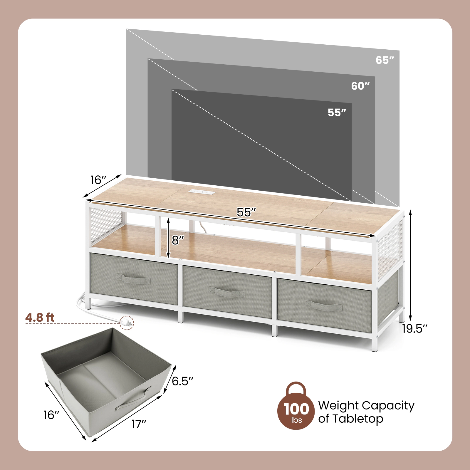Glintex 55-Inch TV Stand with Fabric Drawers and Built-In Charging Station