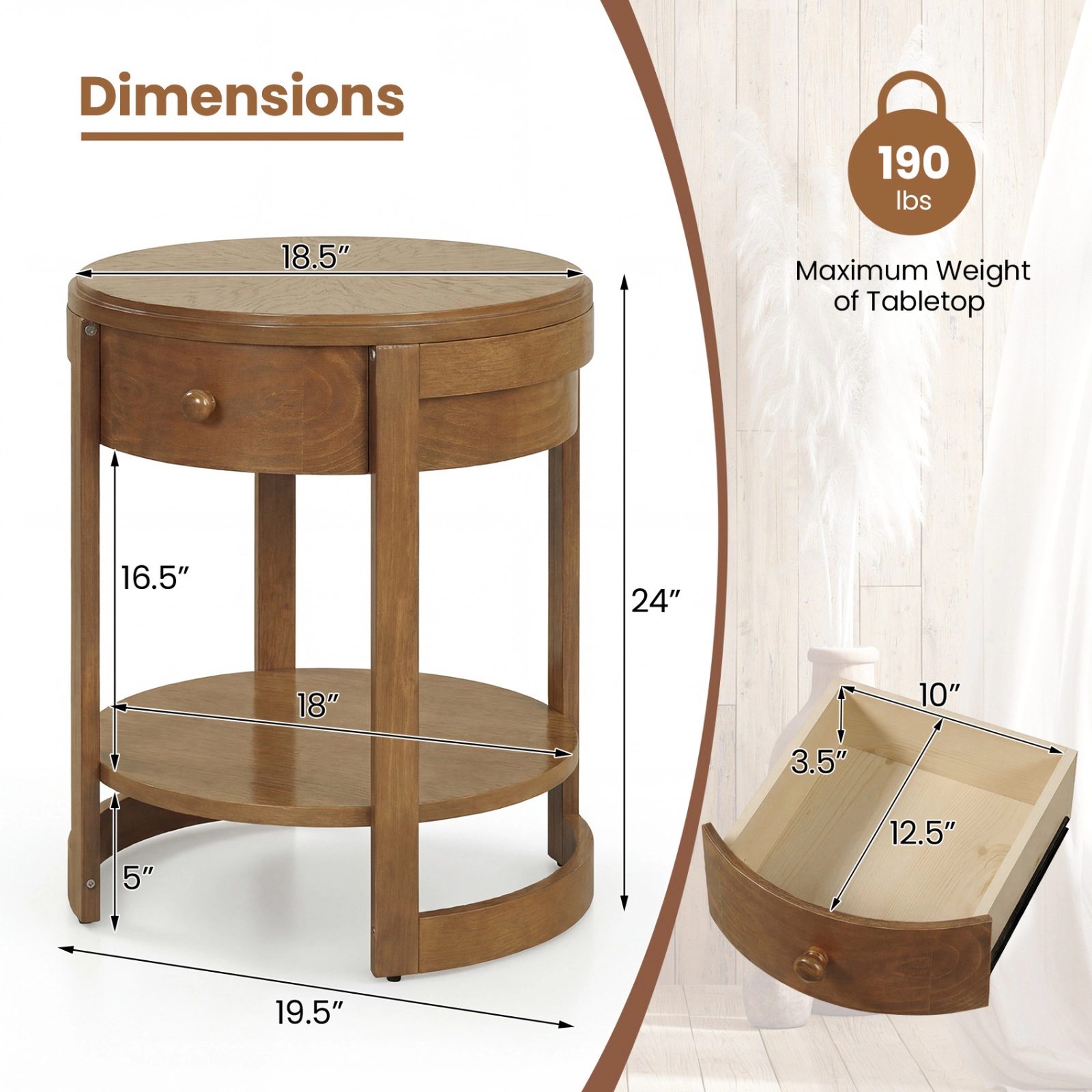 SUGIFT 2-Tier Round End Table with Drawer 190-lb Tabletop Capacity Mid Century Nightstand Brown/White