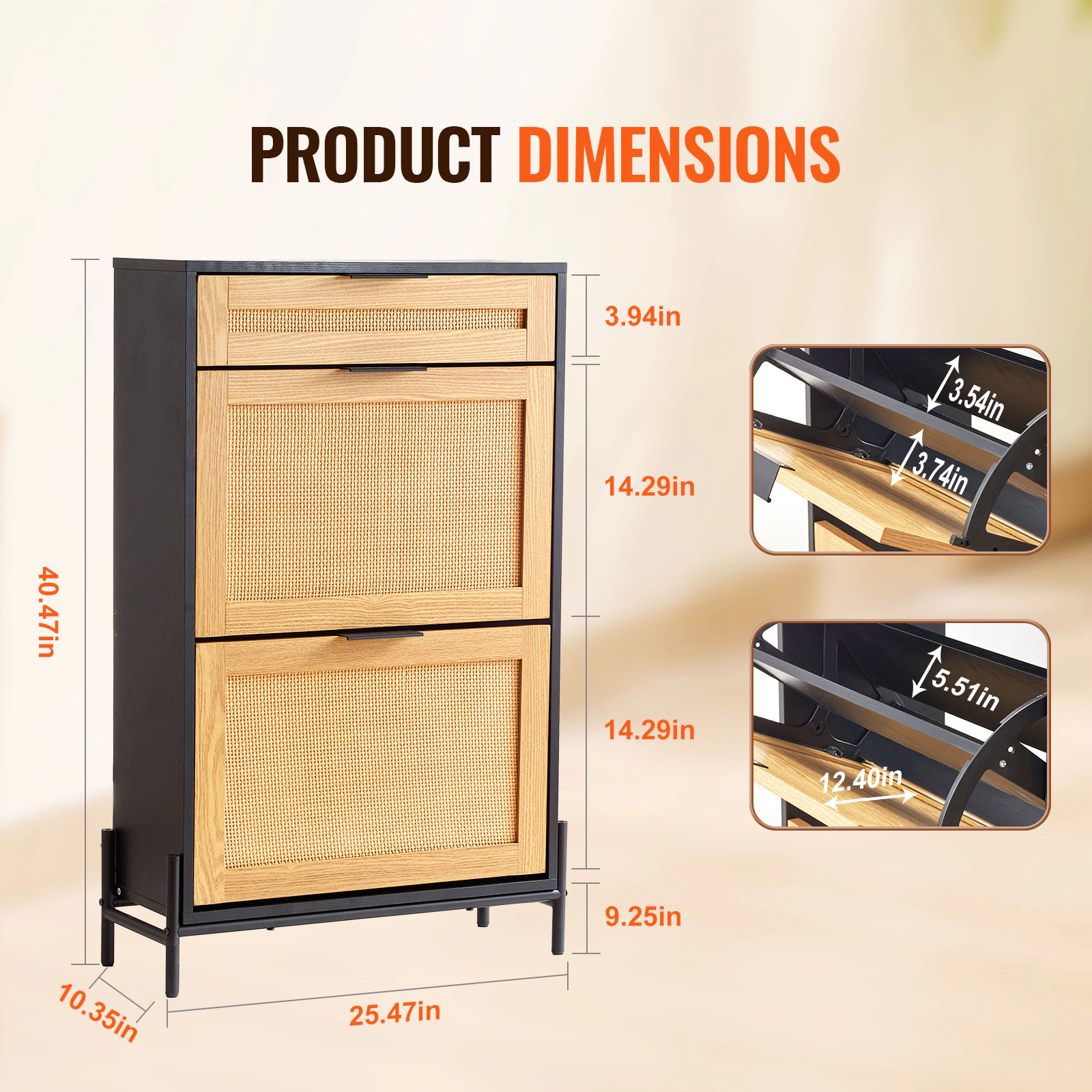 HONGGE Narrow Rattan Shoe Cabinet with Flip Drawers, Slim Entryway Storage Organizer with Metal Legs for Closet Hallway