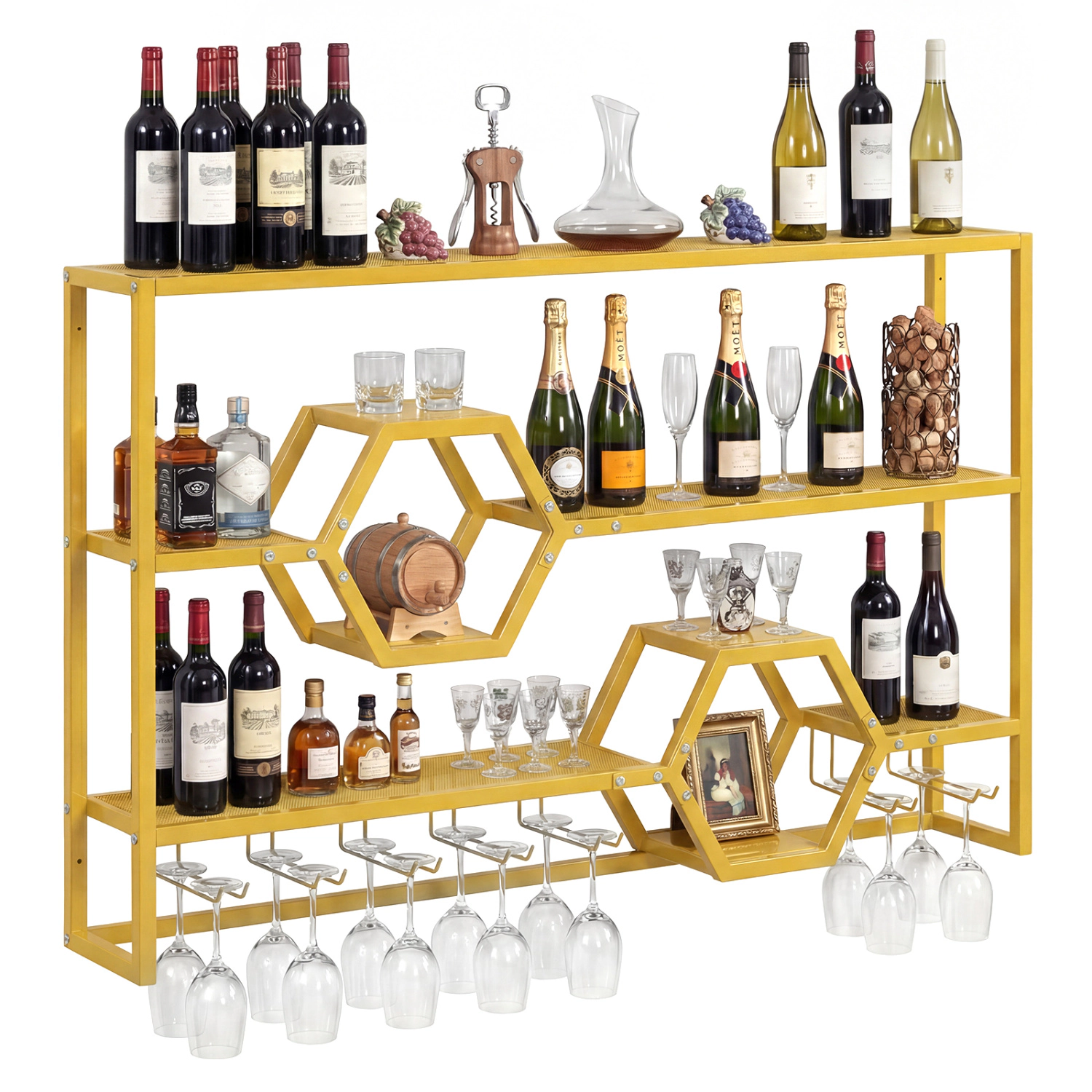 SUGIFT 47-in Wall Mounted Metal Wine Rack with 3 Shelves, Glass Holder and Honeycomb Cubbies 352-lb Capacity Black/Gold