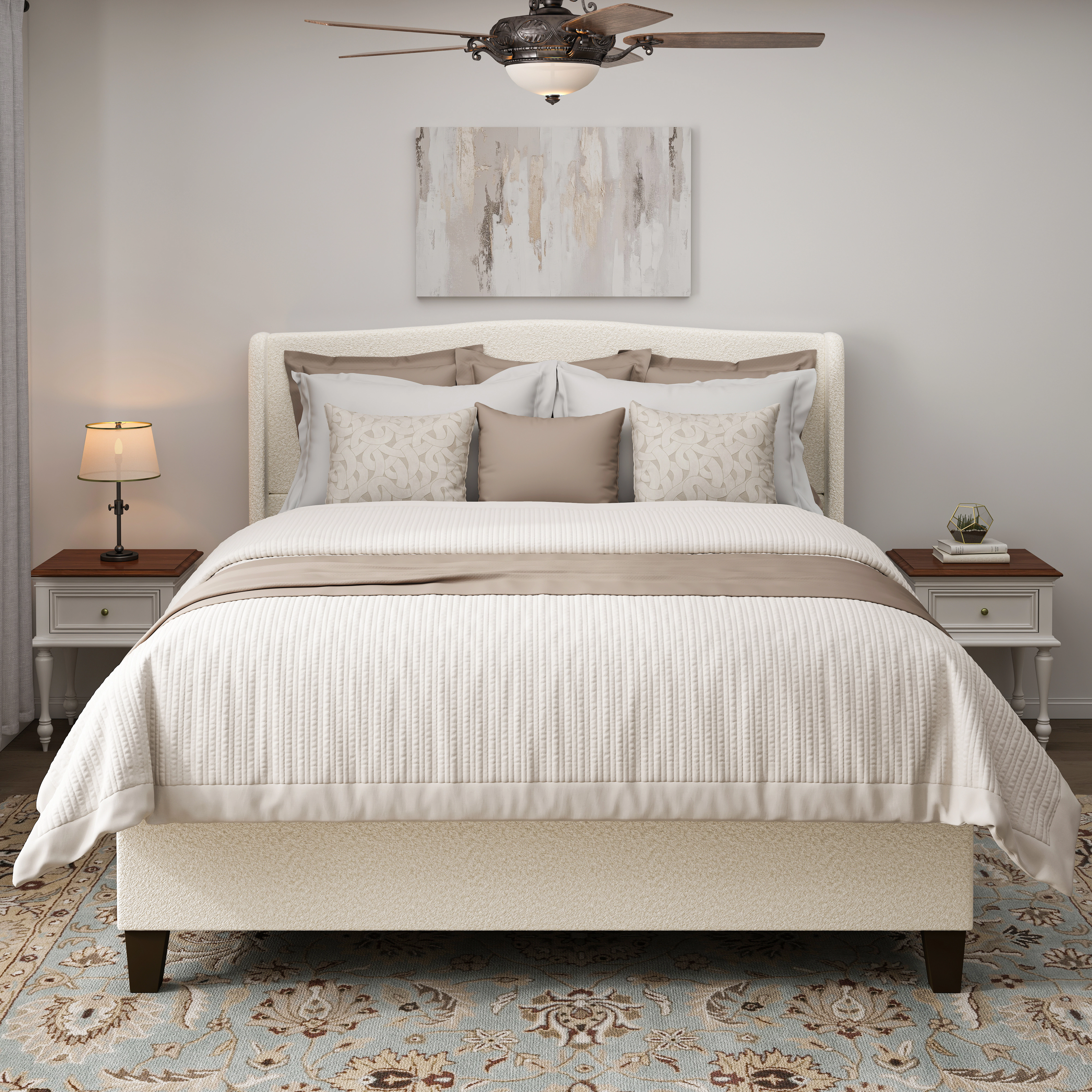 Flynama King Bed Frame with 49" Tall Teddy Velvet Headboard, 12-Slat Support, Beige