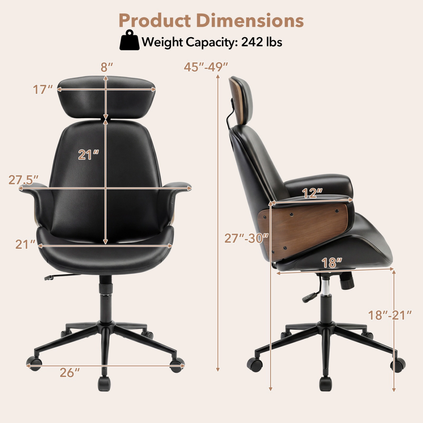 SUGIFT Ergonomic Office Chair with Headrest Adjustable Height 242-Lb Capacity 45-in High Back Black + Rustic Brown