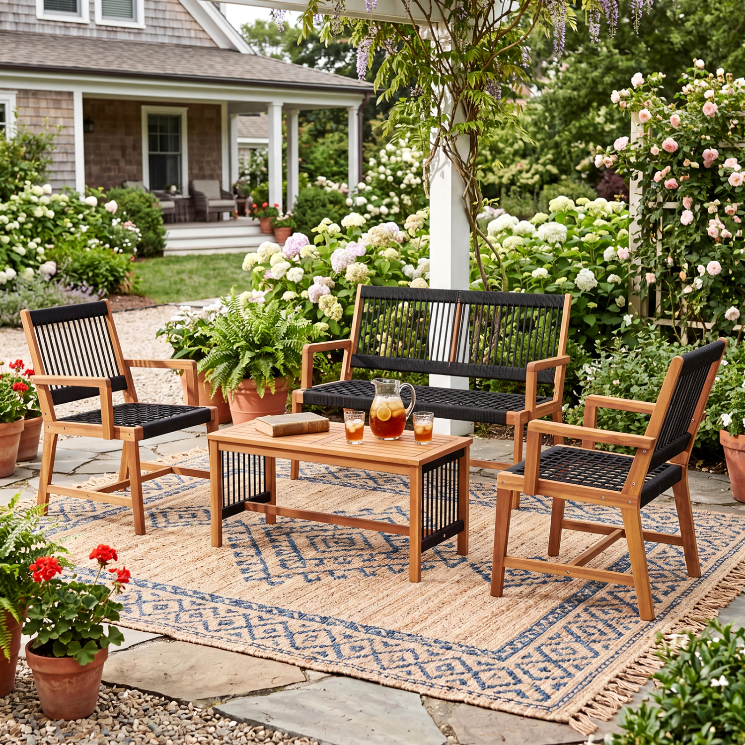LJG 4 Pieces Acacia Wood Patio Conversation Table and Chair Set with Hand Woven Rope