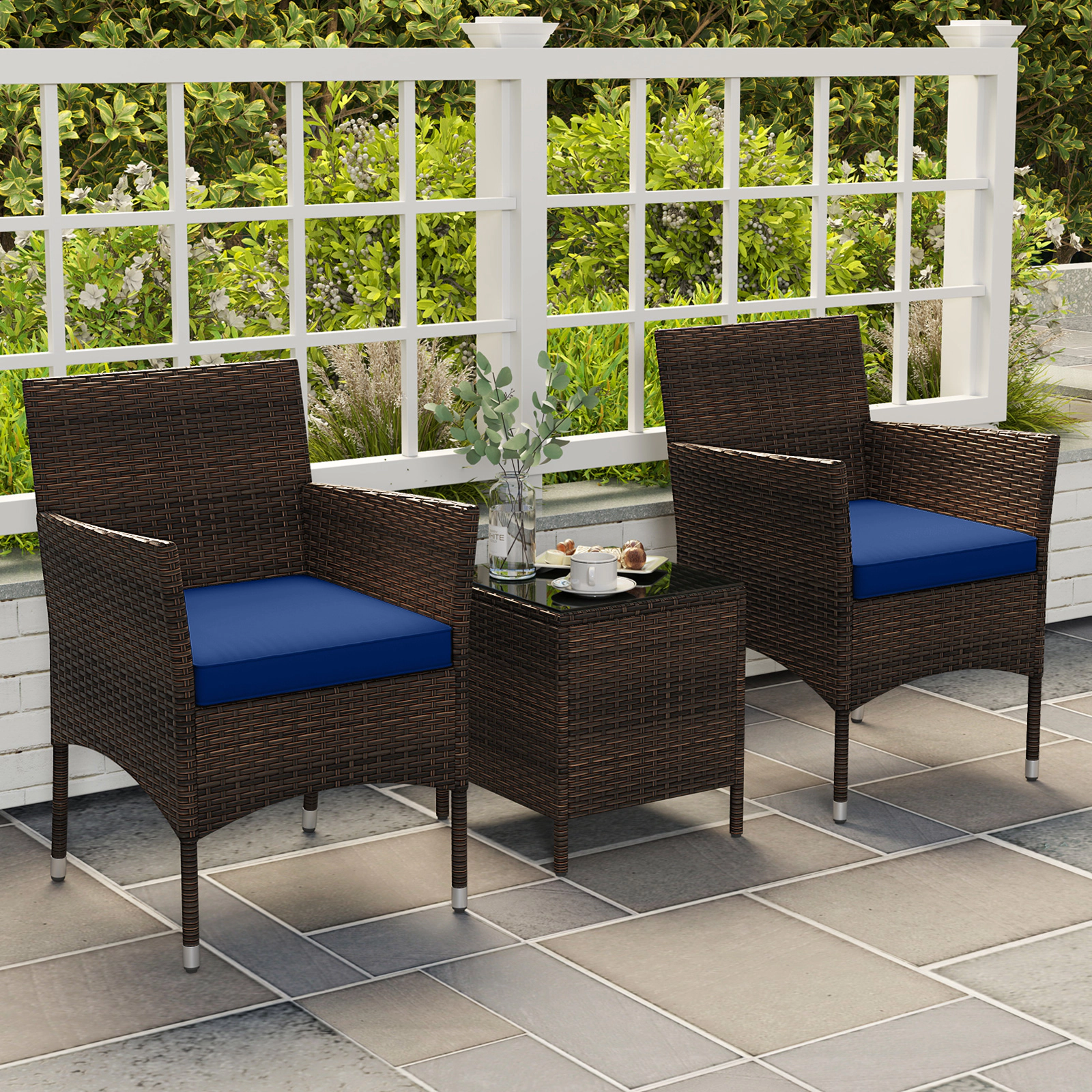 SUGIFT Outdoor Conversation Set Cushioned Seats & Glass Tabletop 400-lb Chair Capacity Mix Brown Rattan Navy Cushions