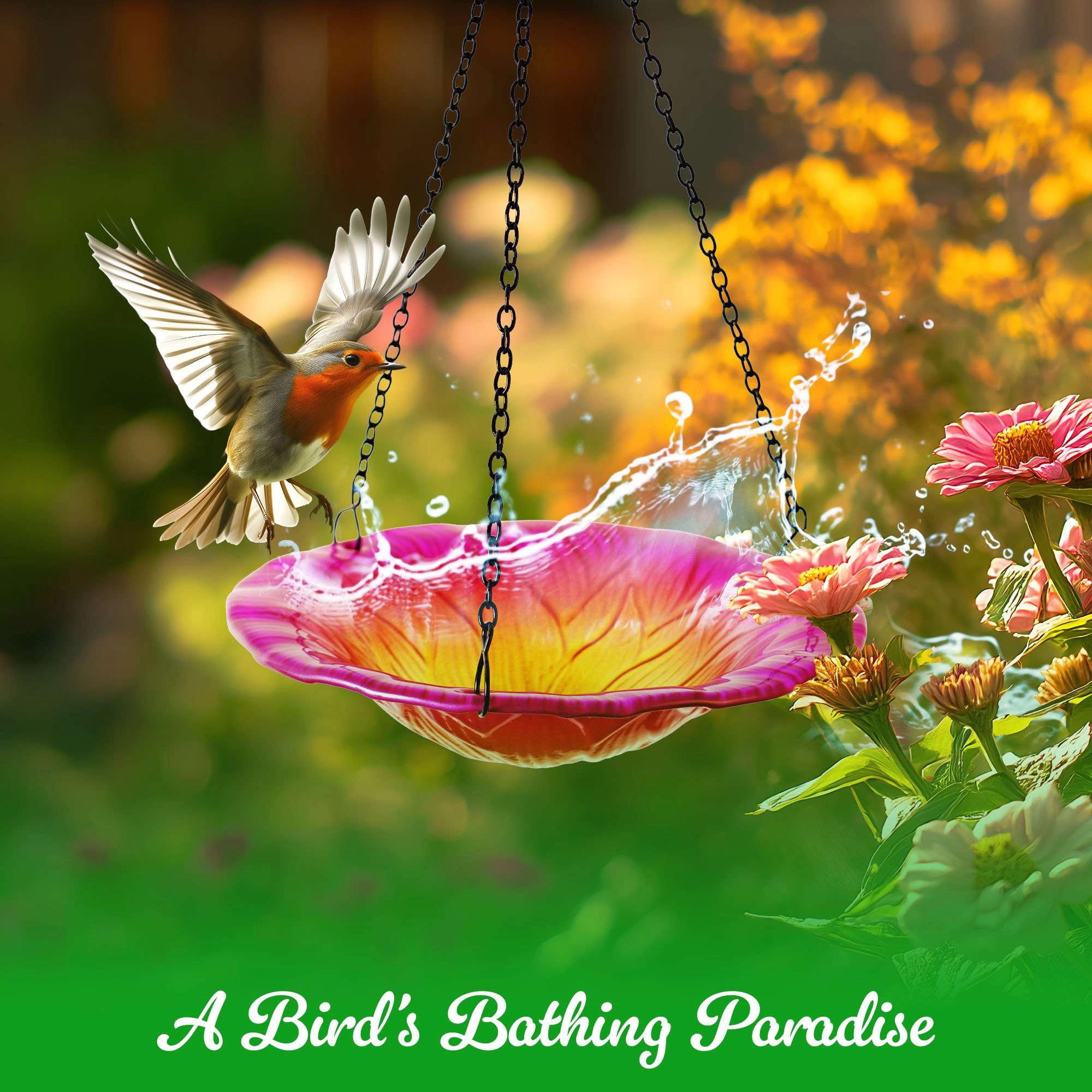 G128 8-inch Hanging Glass Bird Bath and Feeder, Pink Flower Design