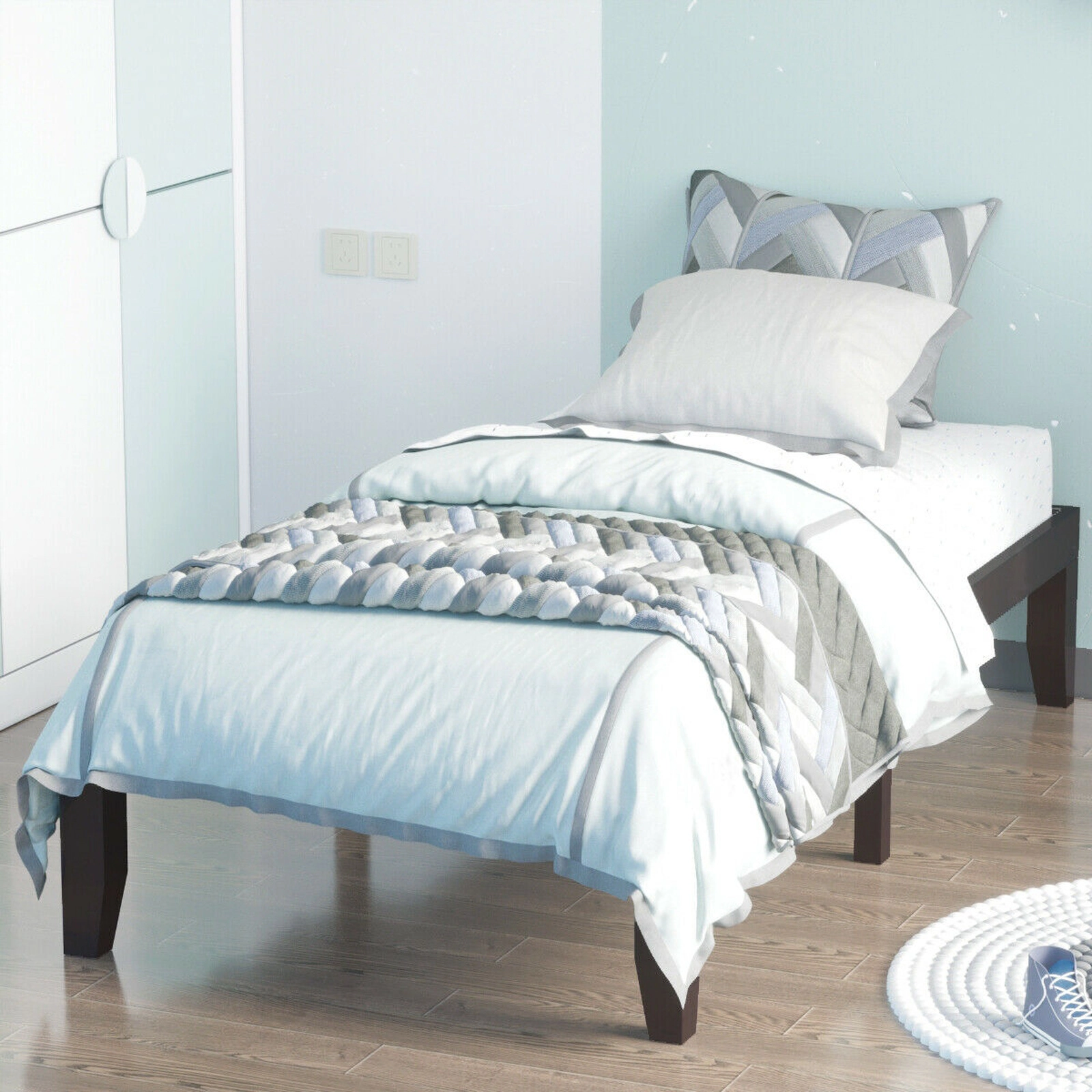 SUGIFT Solid Wood Twin Bed Frame with 14-In High Platform and Wooden Slats 250-Lb Capacity Brown Finish