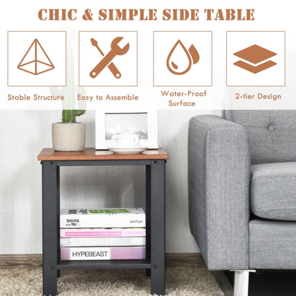 Hivvago Small Space 2-Layer Industrial End Table with Open Storage Shelf