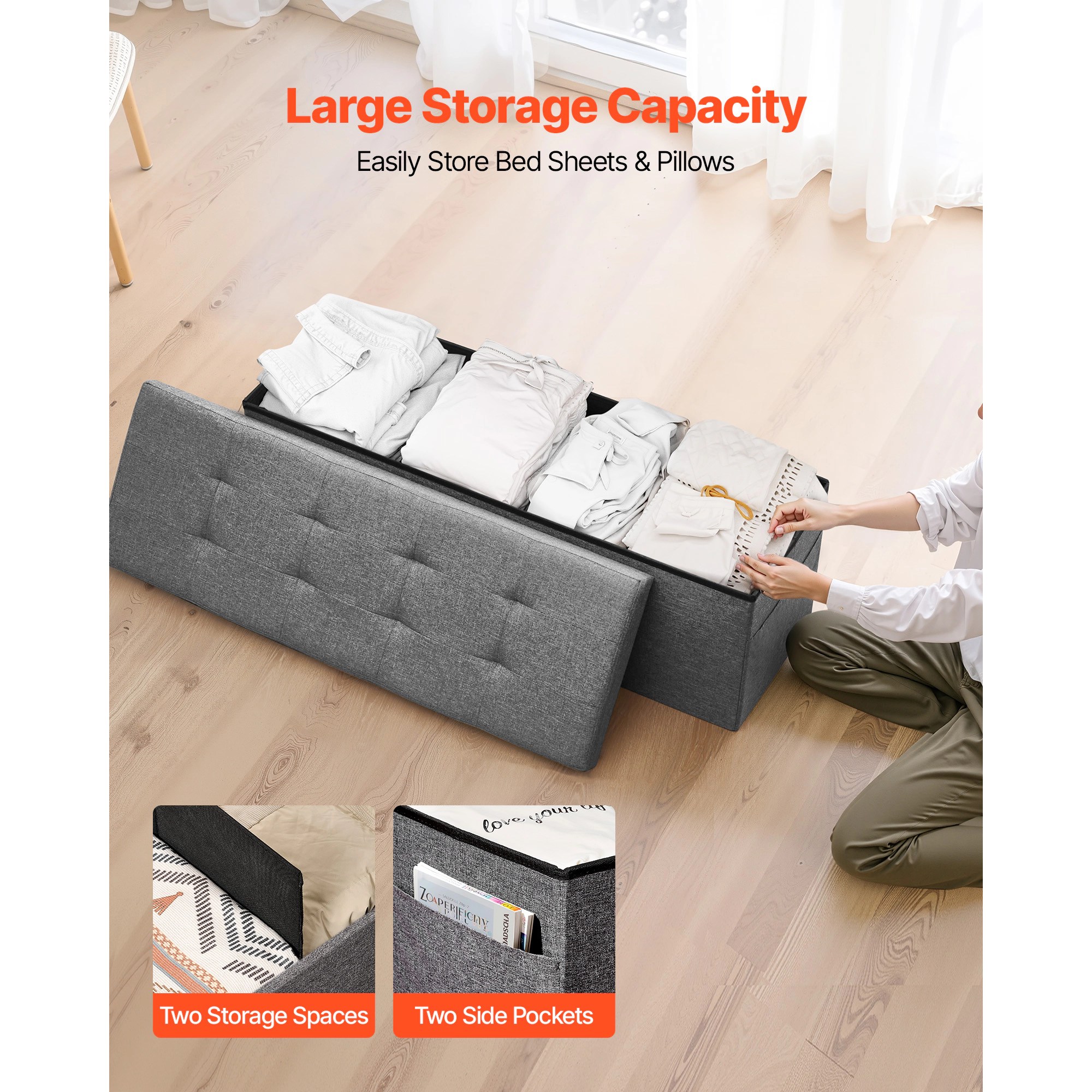 HONGGE Foldable Storage Ottoman Bench End of Bed Bench with Side Bags Folding Upholstered Storage Chest Supports 660