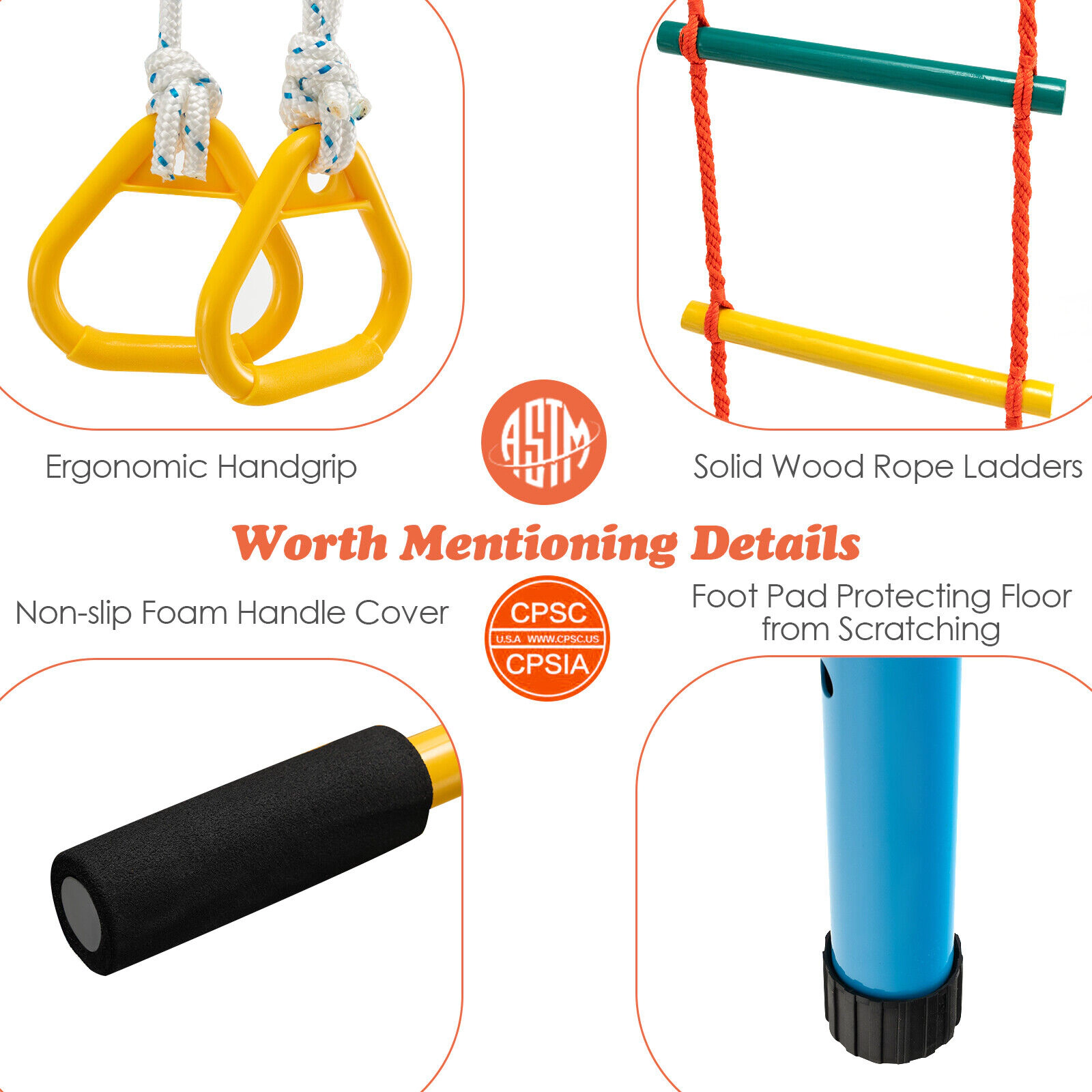 SUGIFT Yellow Monkey Bars and Rope Wall 78 Inch 7-in-1 Kids Indoor Gym Wall Ladder