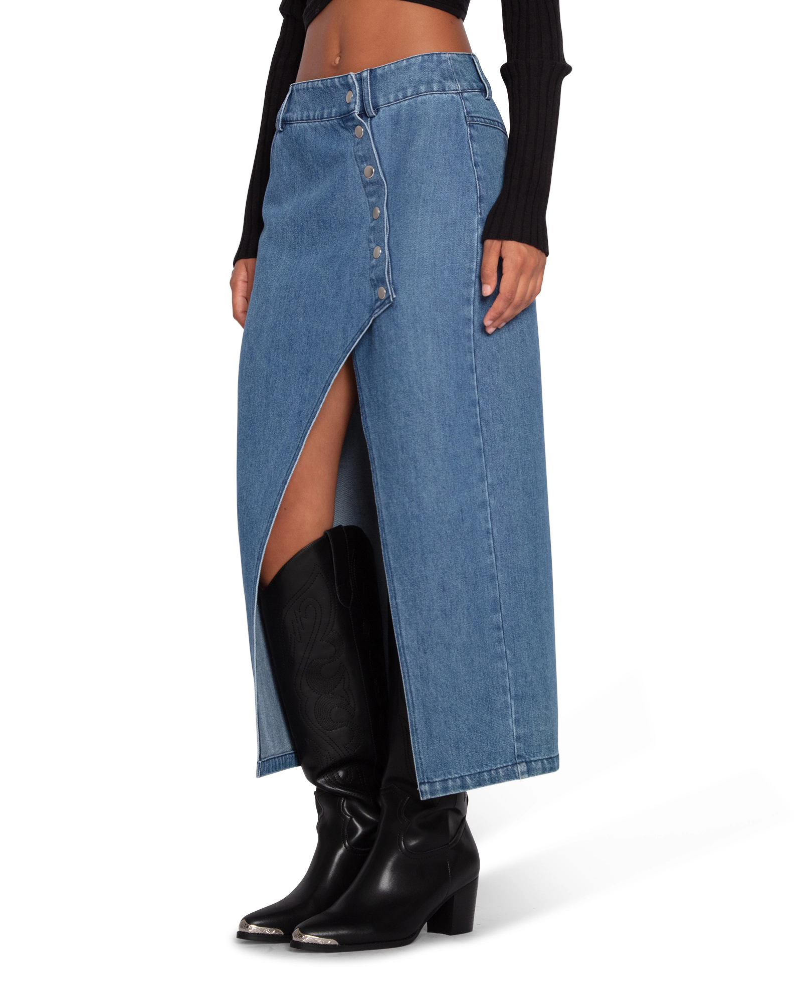 Belle & Bloom Womens Can't Forget You Denim Midi Skirt