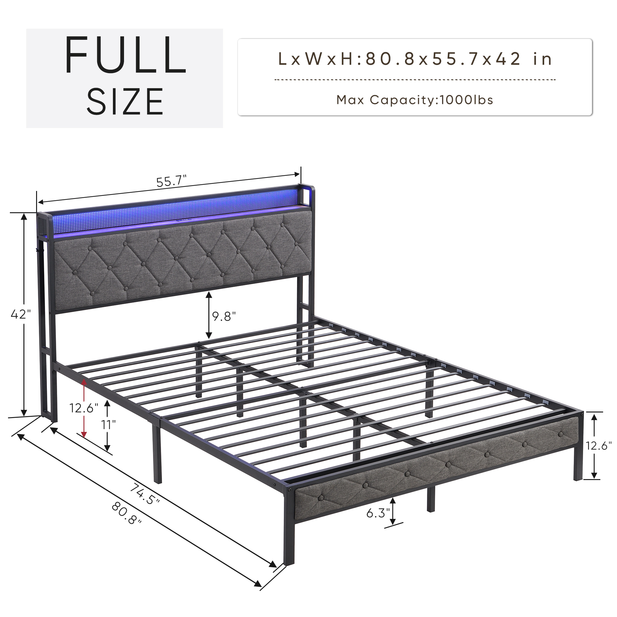 Flynama Full Upholstered Storage Bed with LED Headboard & Charging Station, Dark Gray