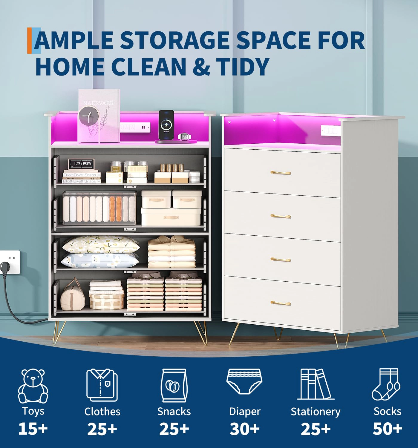 4 Drawer Dresser with Power Outlets & RGB LED Lights, Tall Modern Wood Storage Chest App Control