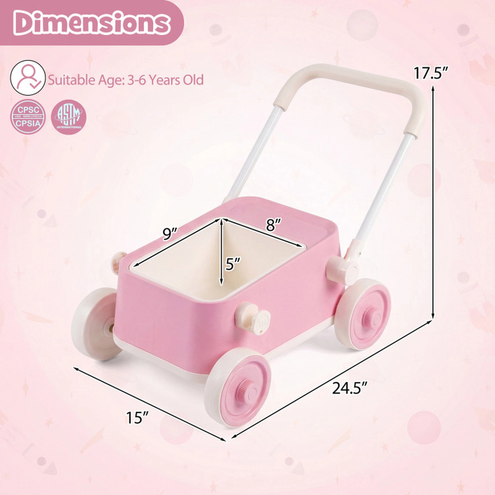 SUGIFT Baby Push Walker Wagon with Foldable Handlebar and Storage Basket 24.5-in Frame Ages 3-6 Years Pink