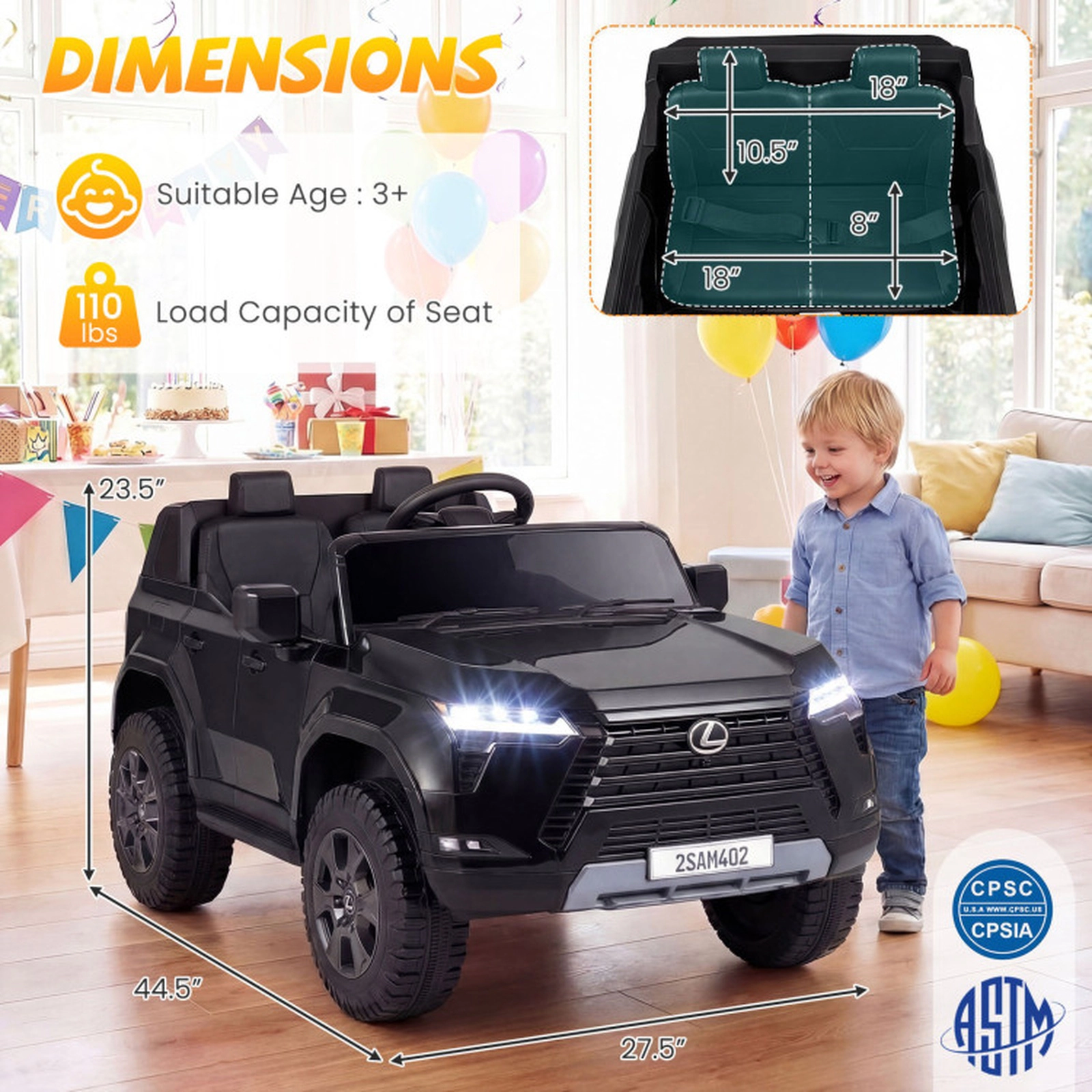 SUGIFT 24V Black Kids 4WD Ride-On Car with Licensed Lexus GX550 Body and Suspension 110-lb Rider Capacity