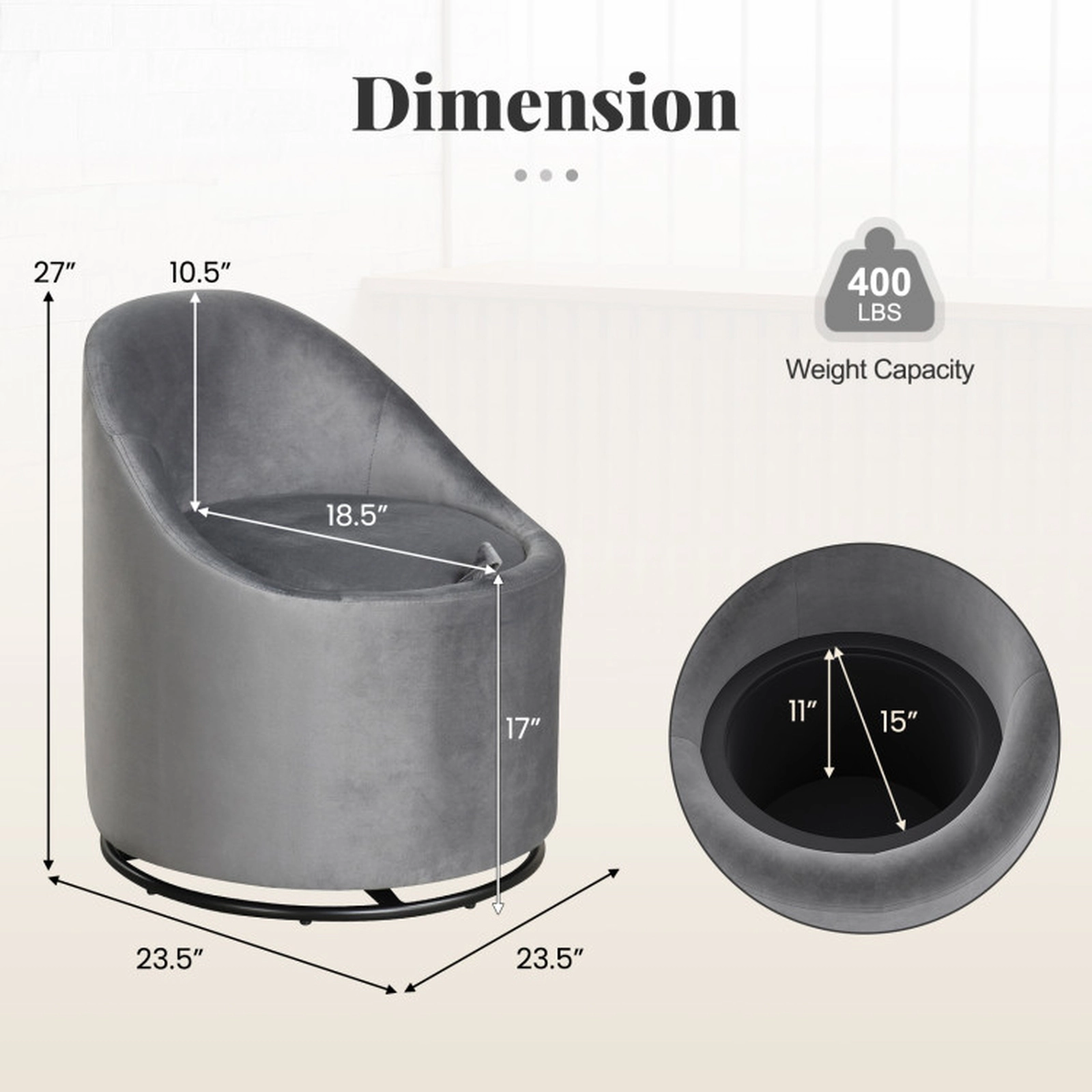 SUGIFT Gray Hidden Under-Seat Storage and 360-Degree Swivel Base Velvet Barrel Chair