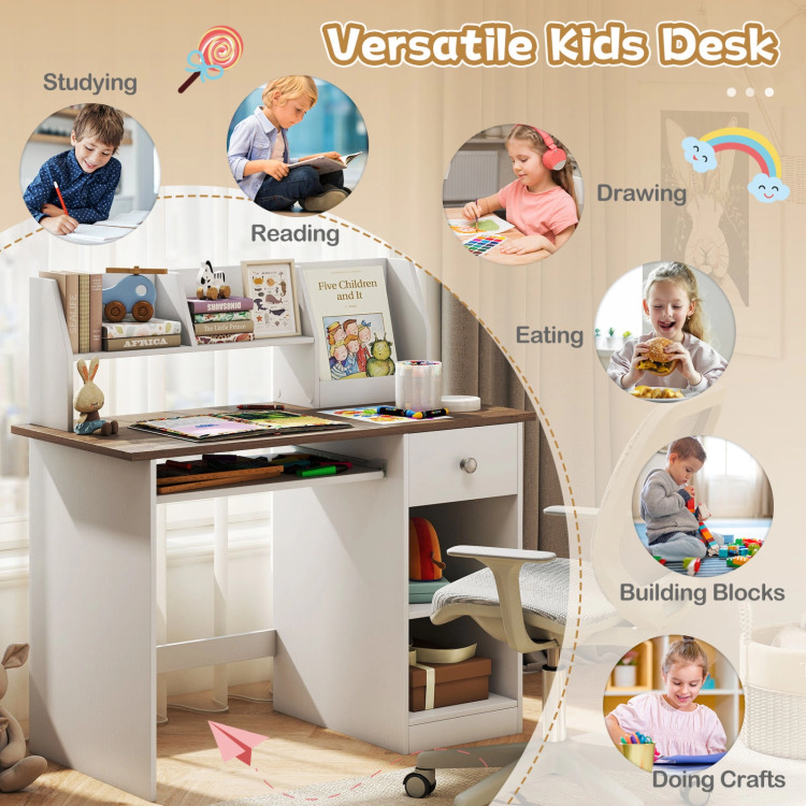 SUGIFT Kids Study Desk Writing Table with Drawer Shelves and Keyboard Tray 200-lb Capacity Ages 3-6 White Natural