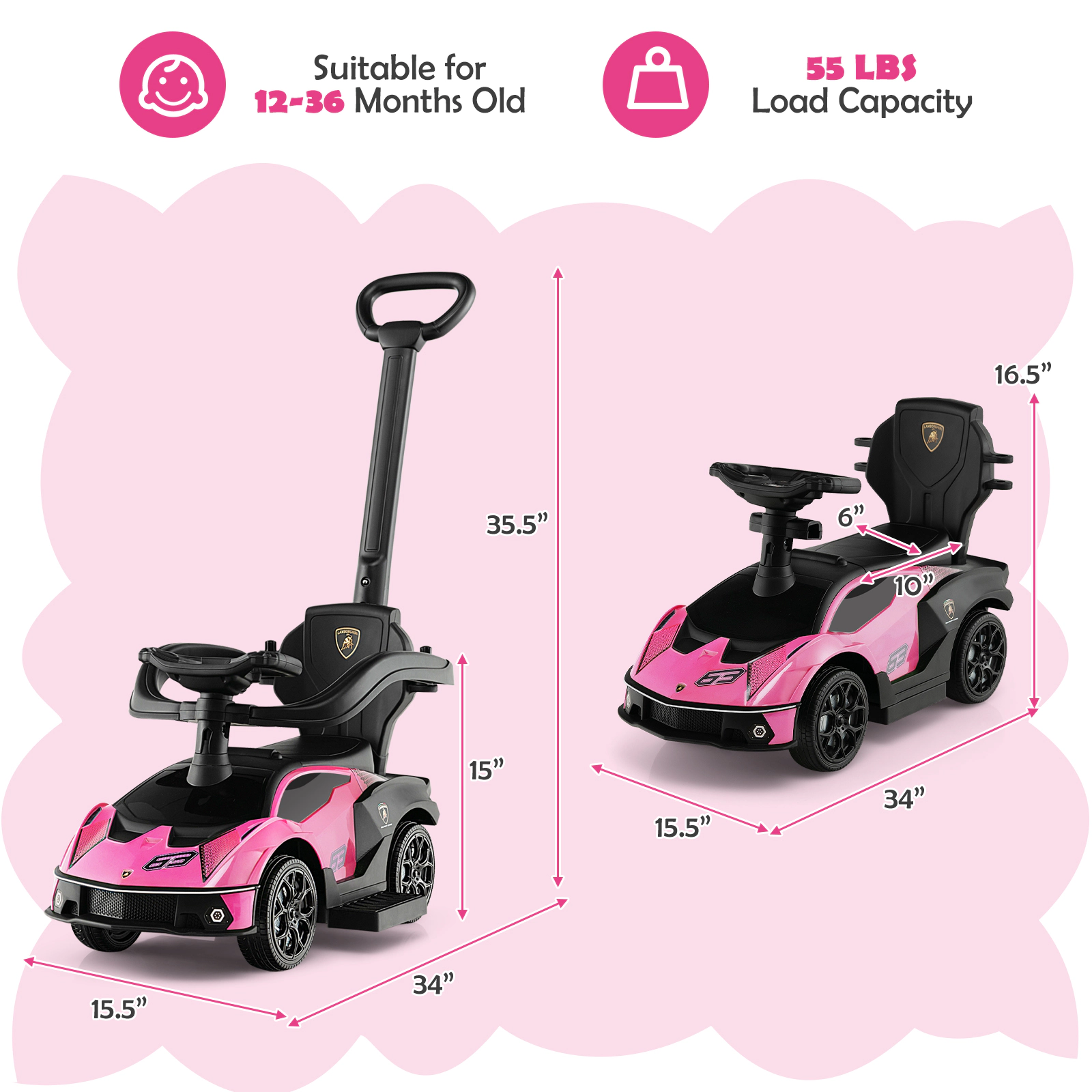 SUGIFT Toddler Pink 3-in-1 Ride On Push Car with Parent Handle and Guardrail 34-in W 35.5-in H 55-lb Seat Capacity