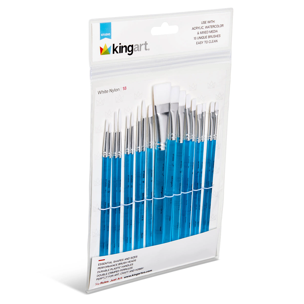 KINGART Studio White Nylon Brush Set - 18 pc, Acrylic & Watercolor