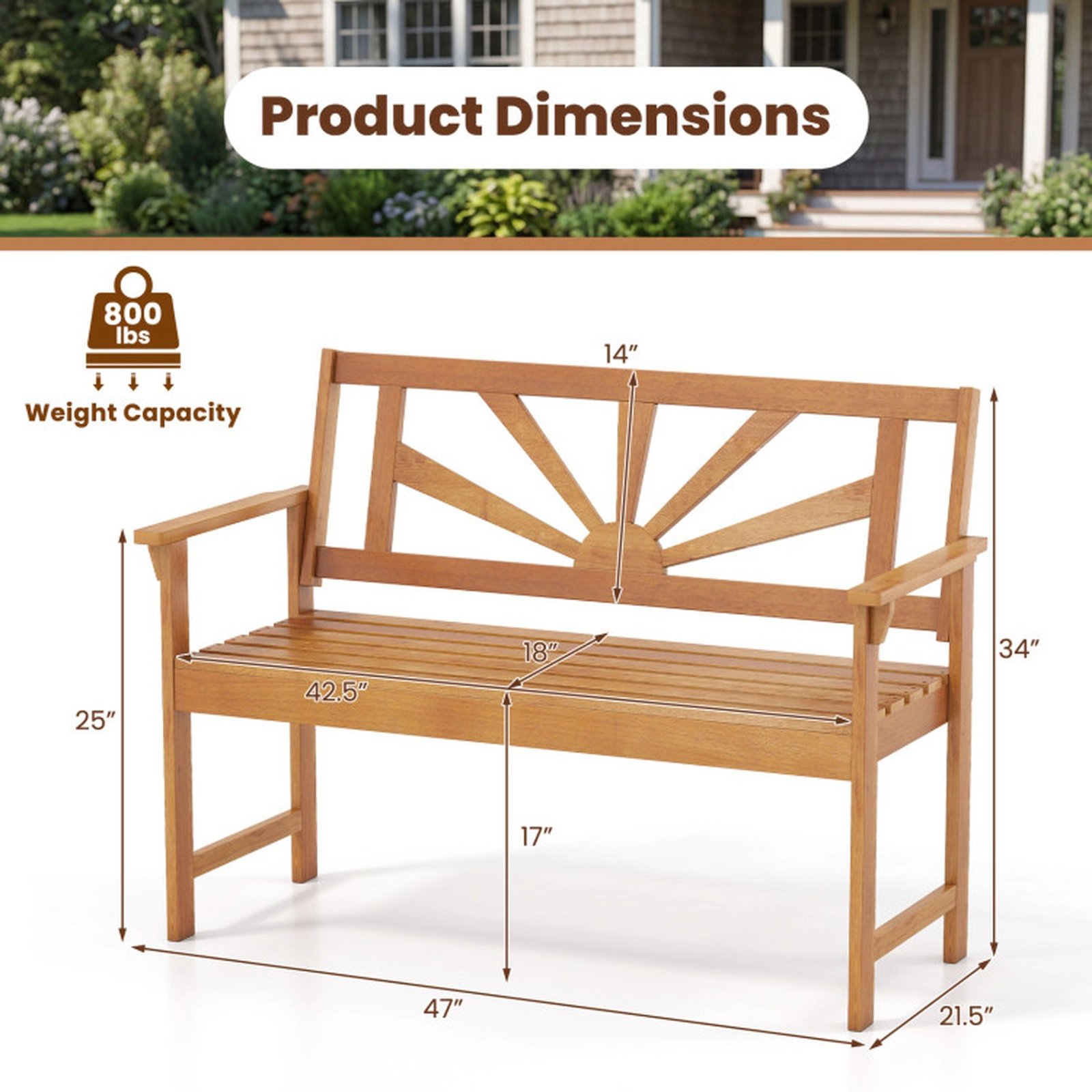 SUGIFT 47-Inch Natural Acacia Wood Outdoor Bench, 2-Seat, 800-Lb Capacity