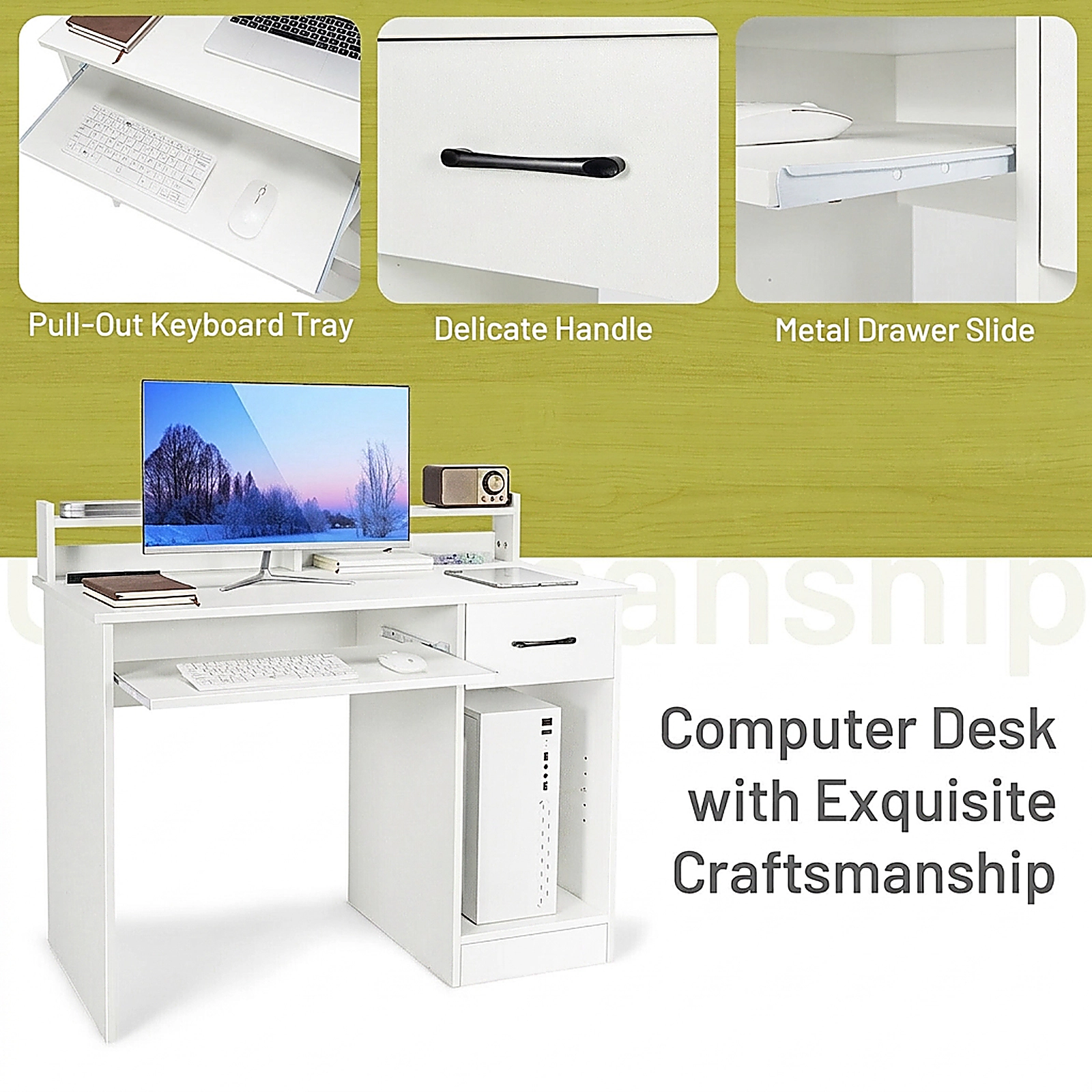 SUGIFT Wide Desktop Study Laptop Desk with Drawer and Keyboard Tray 448.5-lb Total Capacity White/Black