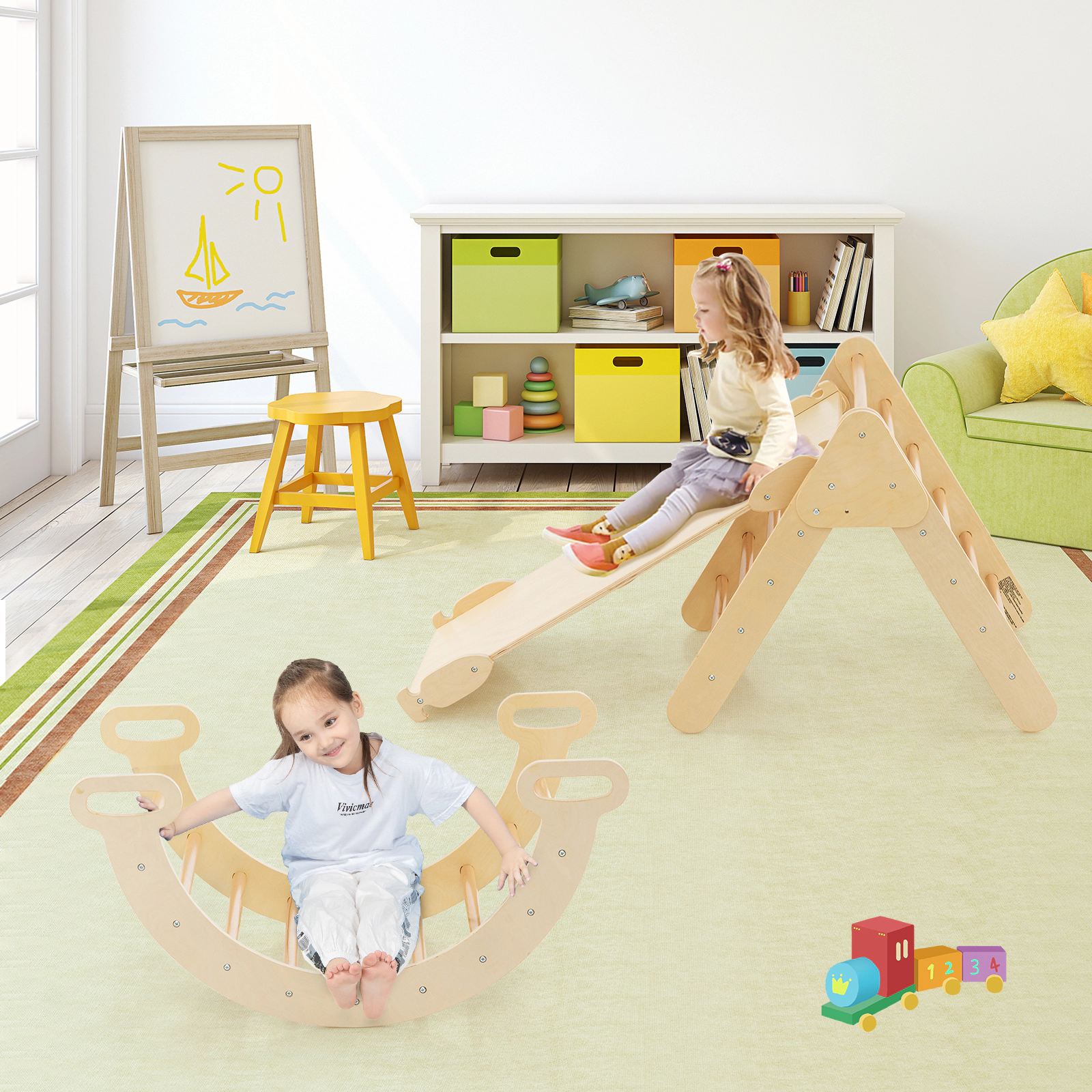 5-in-1 Wooden Pikler Triangle Set Toddler Climbing Toys Reversible Arch Ramp Adjustable Ladder 110-lb Ages 1+ Natural