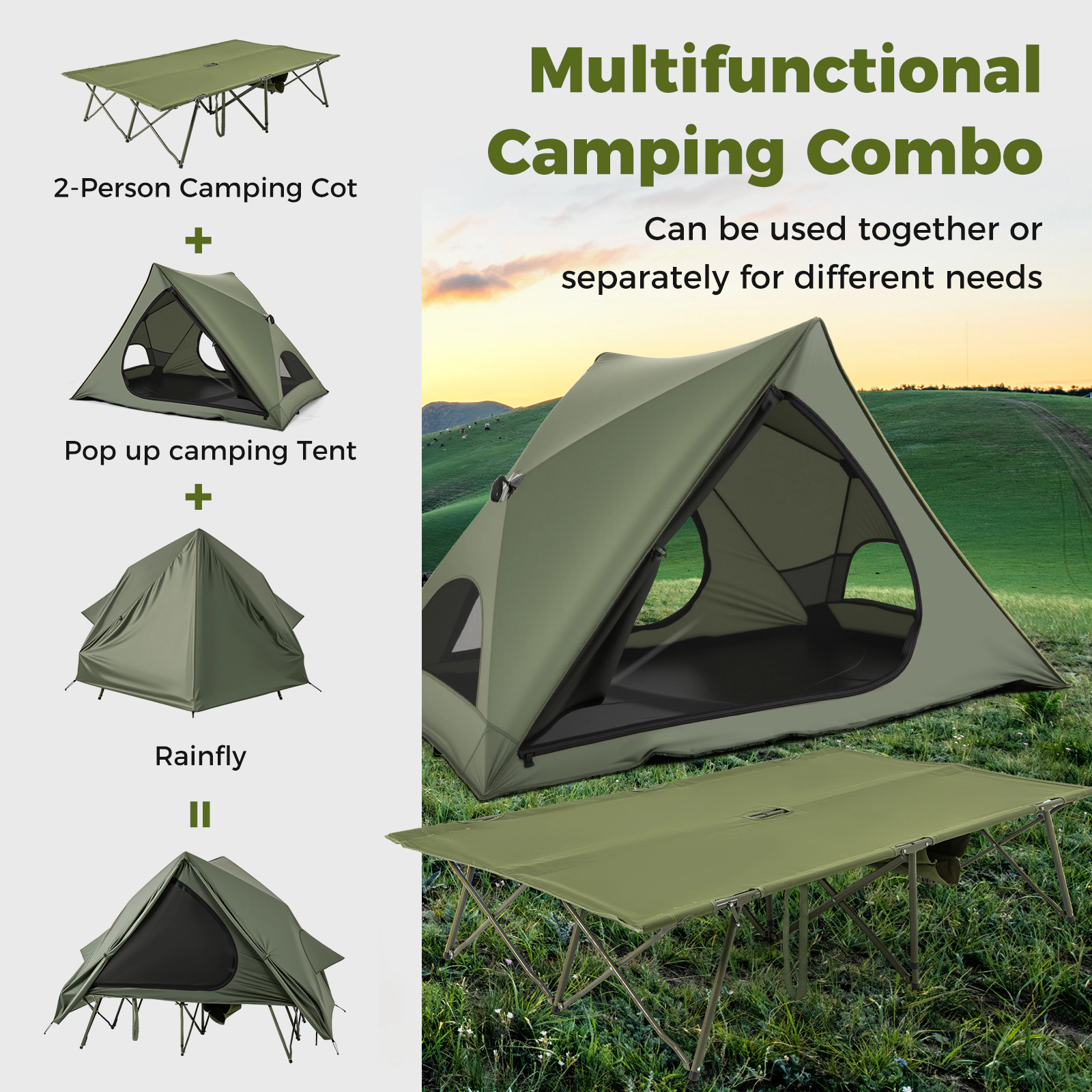 SUGIFT Foldable 2-Person Camping Cot Tent with Pop-up Tent Shelter 660-lb Capacity Green