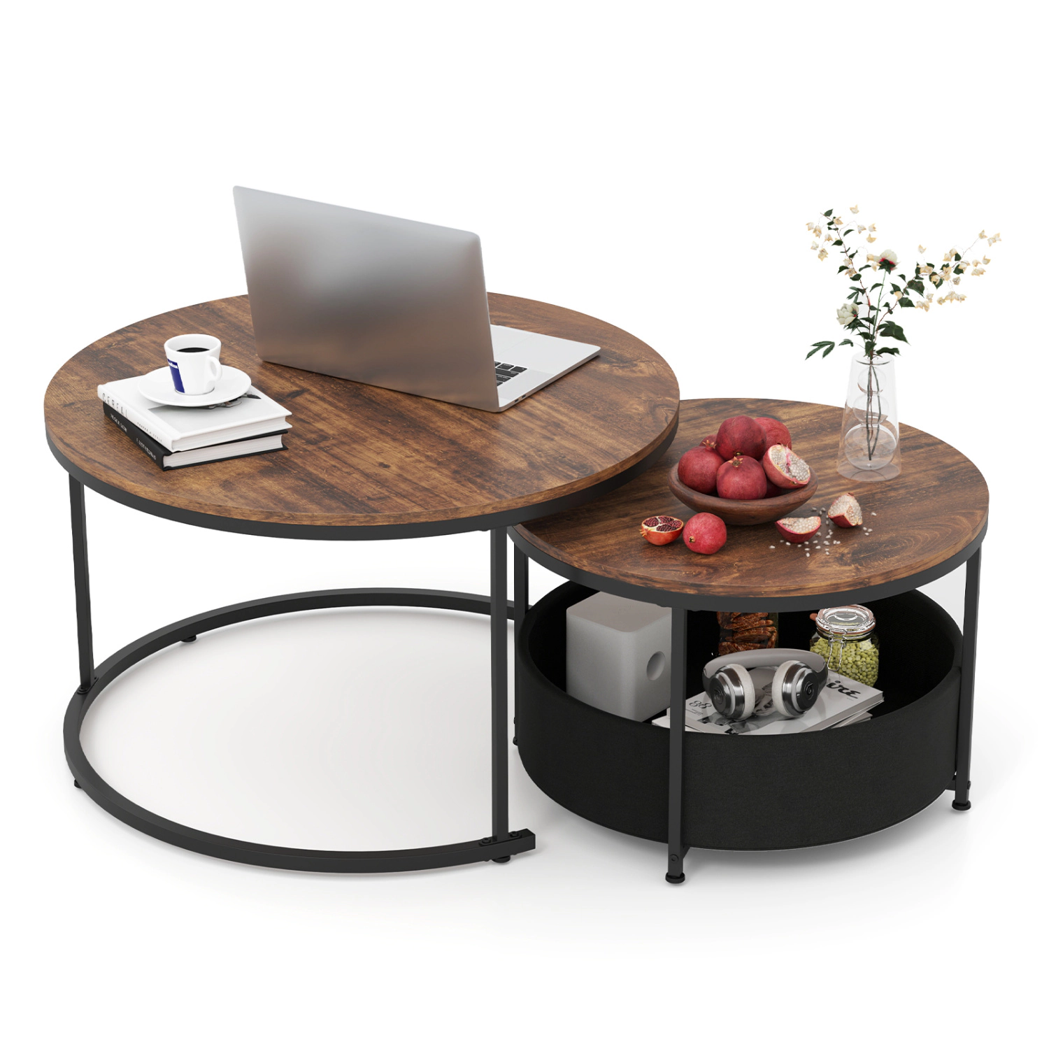 LJG Round Coffee Table Set of 2 Circle Cocktail with Storage Basket