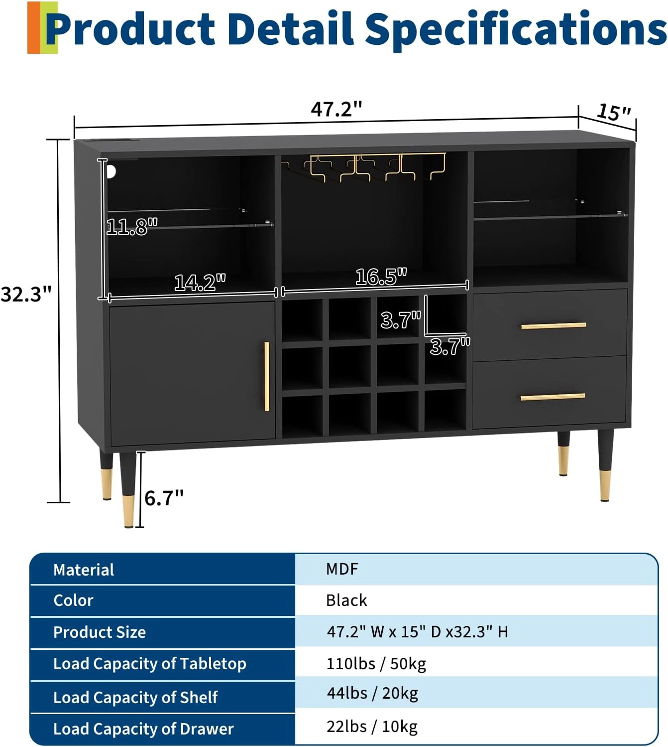 BebreezChic 47" Modern Wine Bar Cabinet w/ LED Light & Charging Station, Oak/Black