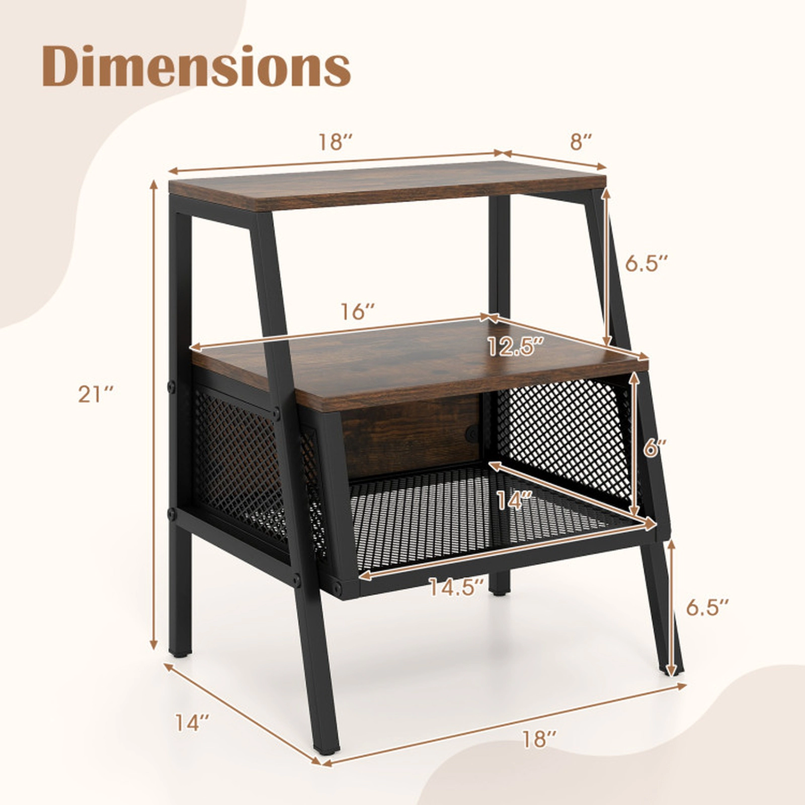 SUGIFT Set of 2 Rustic Brown 3-Tier End Tables with Black Metal Mesh Shelves