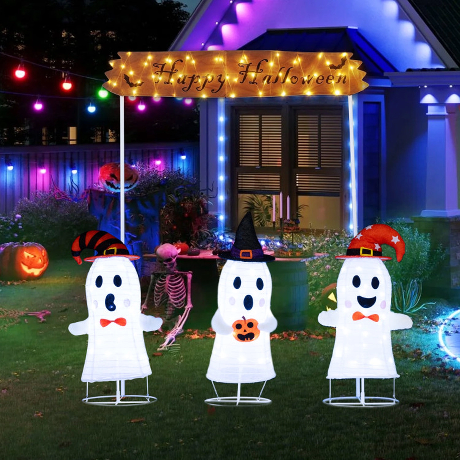 SUGIFT 4-Piece Halloween Pop Up Ghost Decoration Set with Gate Sign 170 LED Lights and 12 Ground Stakes