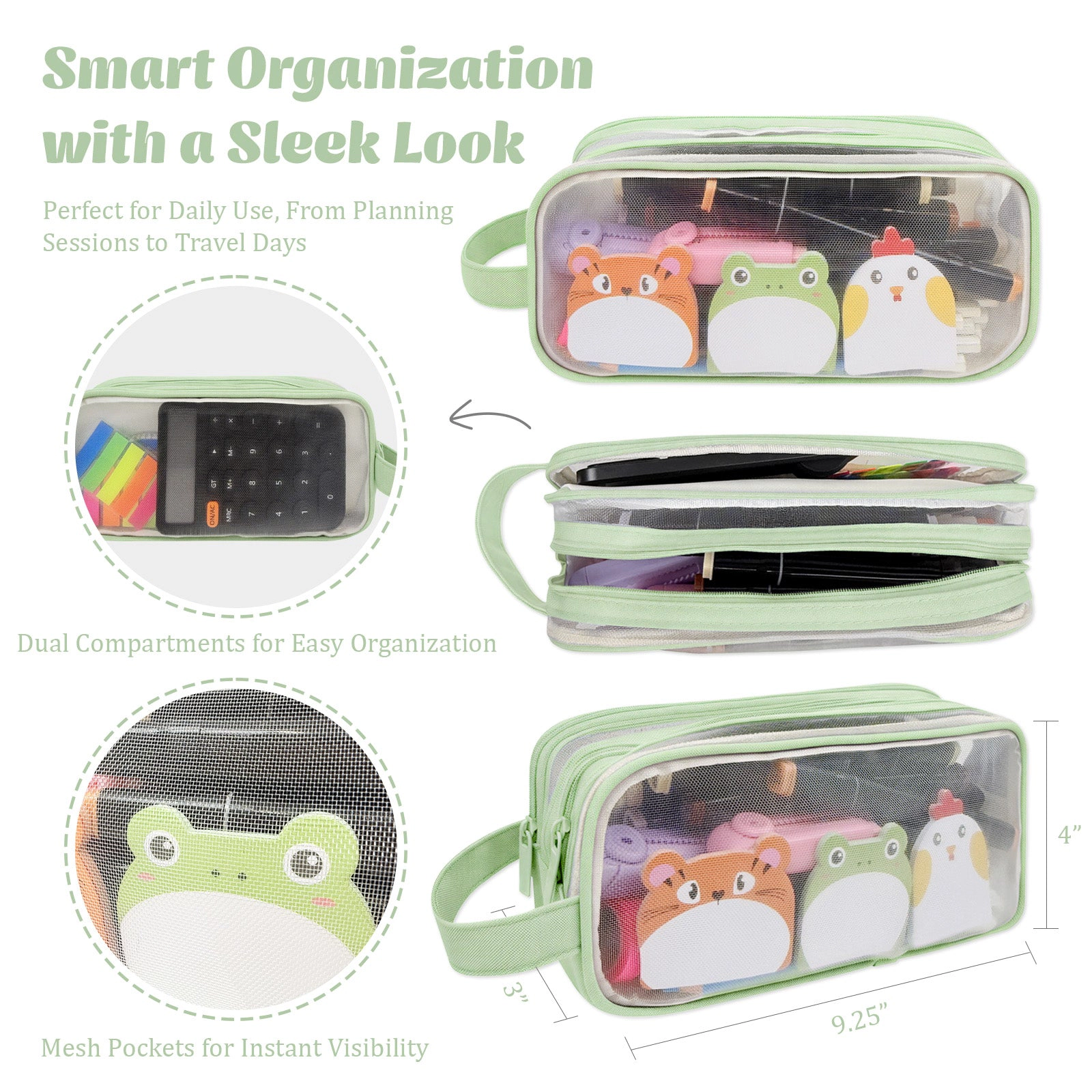 Wrapables 2-Compartment Transparent Mesh Pencil Case for Stationery, Makeup and Travel