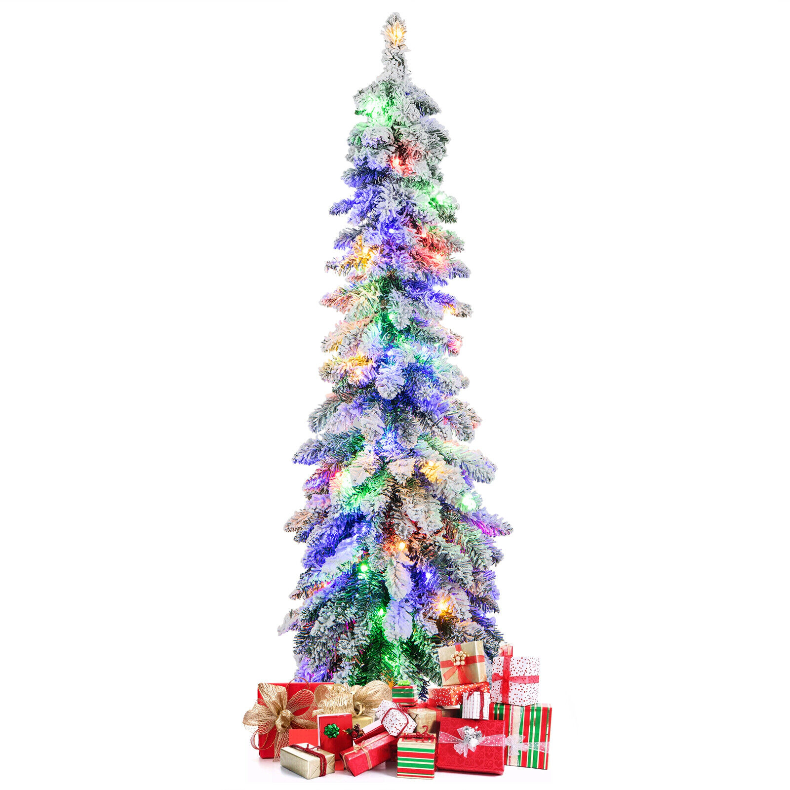 LJG Pre-Lit Artificial Christmas Tree Snow-Flocked Slim Pencil Xmas Decor