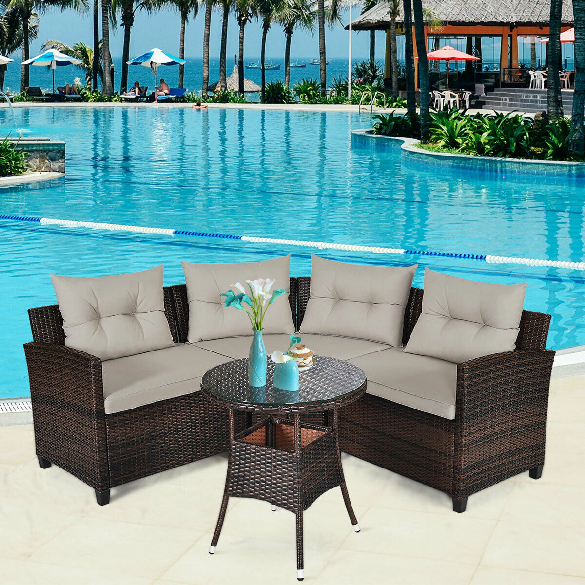 SUGIFT Curved Sectional Seating and Round Table 4-Piece Outdoor Wicker Sofa Set
