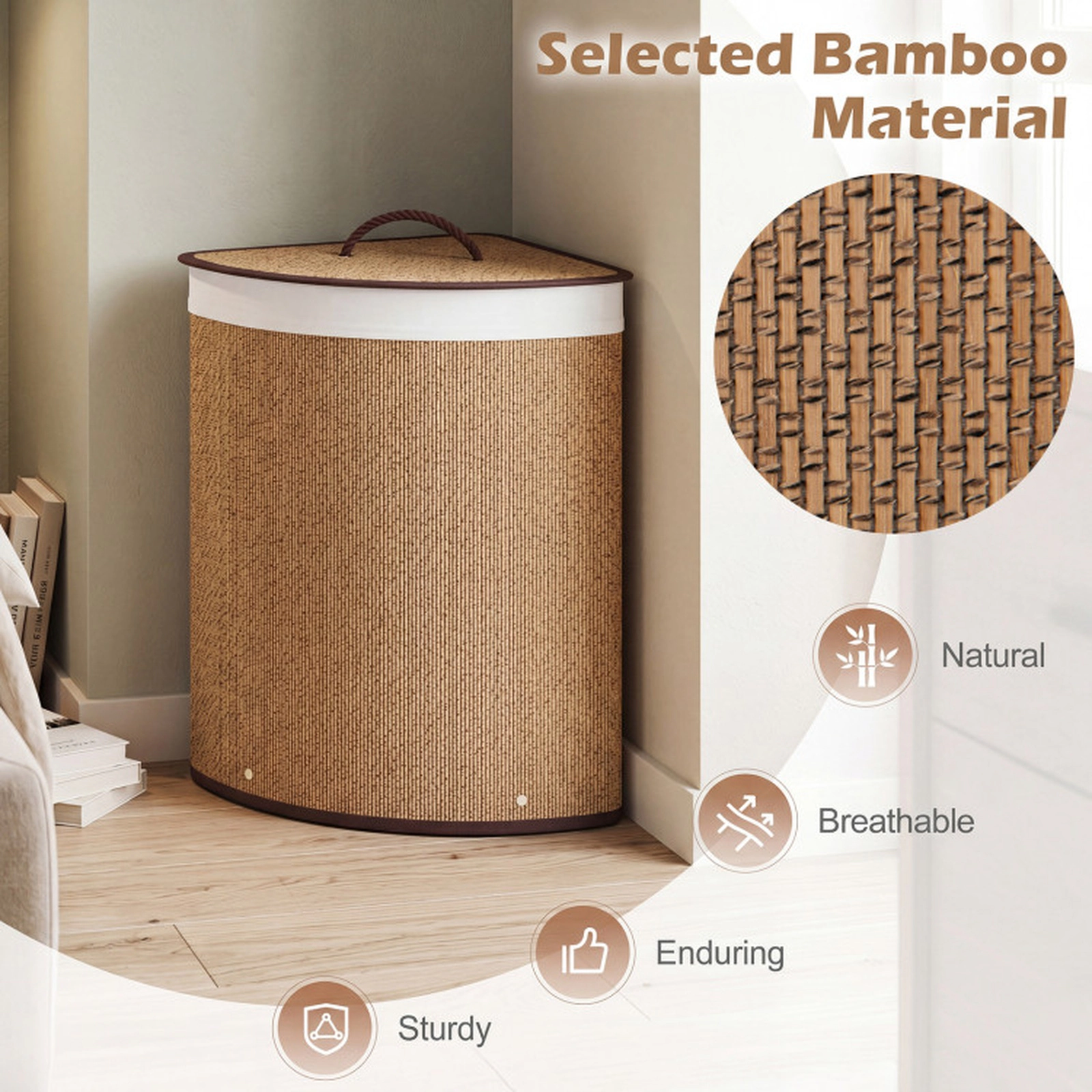 SUGIFT 15 Gal Bamboo Corner Laundry Hamper with Cotton Liner and Lid