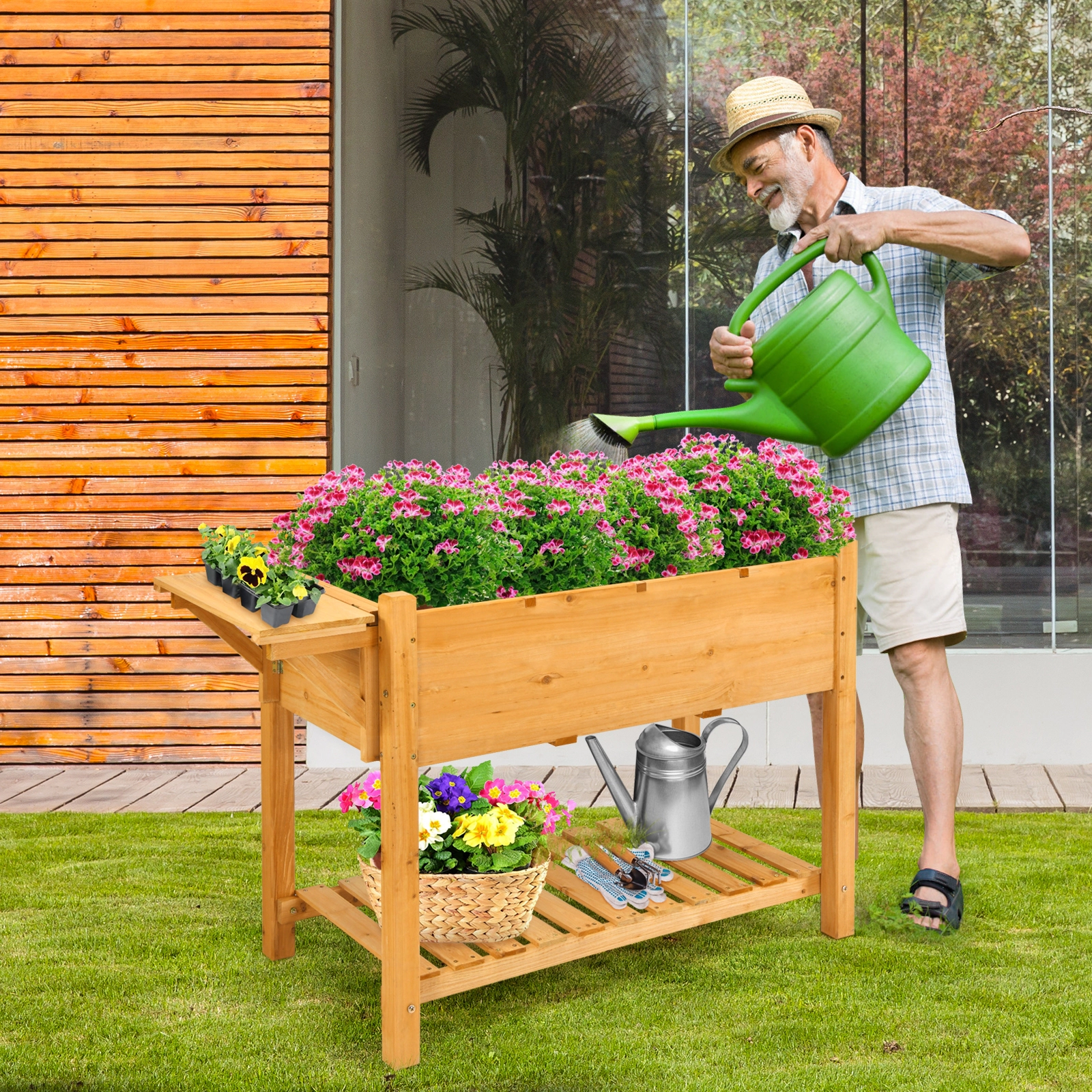 Slickblue Outdoor Wooden Raised Garden Bed with Shelf Planter