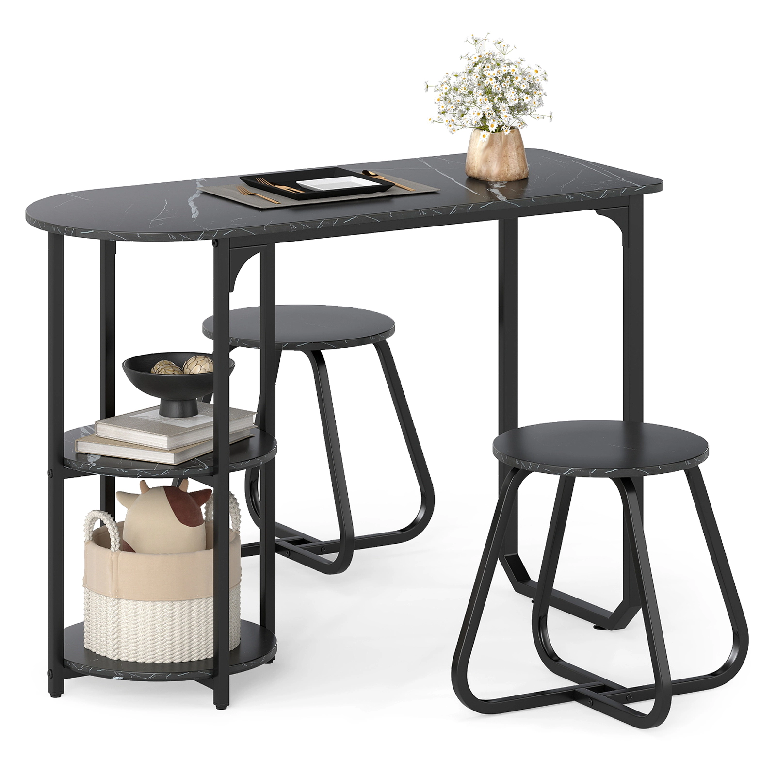 SUGIFT 3-Piece Industrial Dining Table Set Side Shelves 88-lb Table 330-lb Stools 43.5-in Table Rustic Brown & Black
