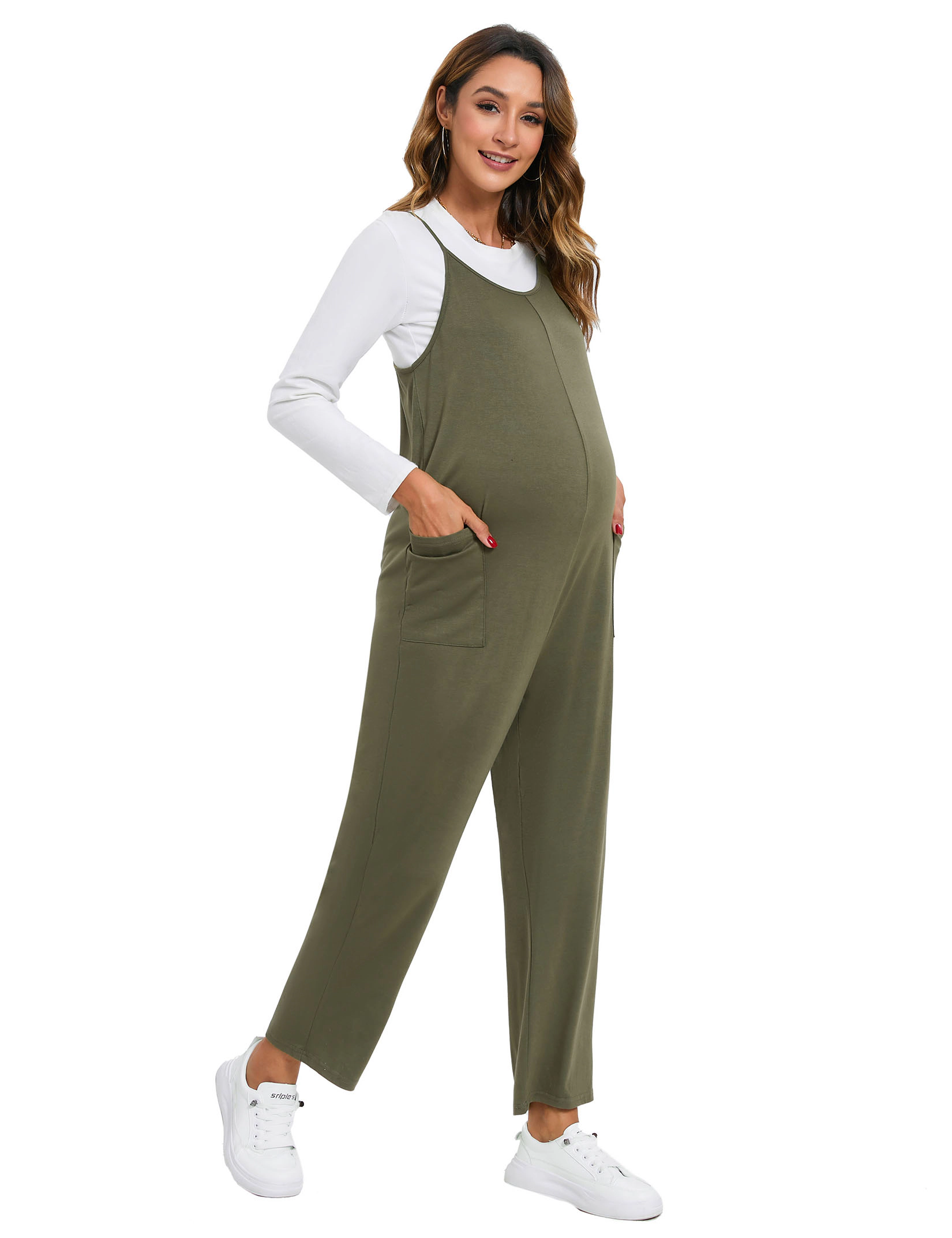 KOJOOIN Women's Maternity Jumpsuit Spaghetti Strap Sleeveless Overalls Loose Baggy Pregnancy Romper