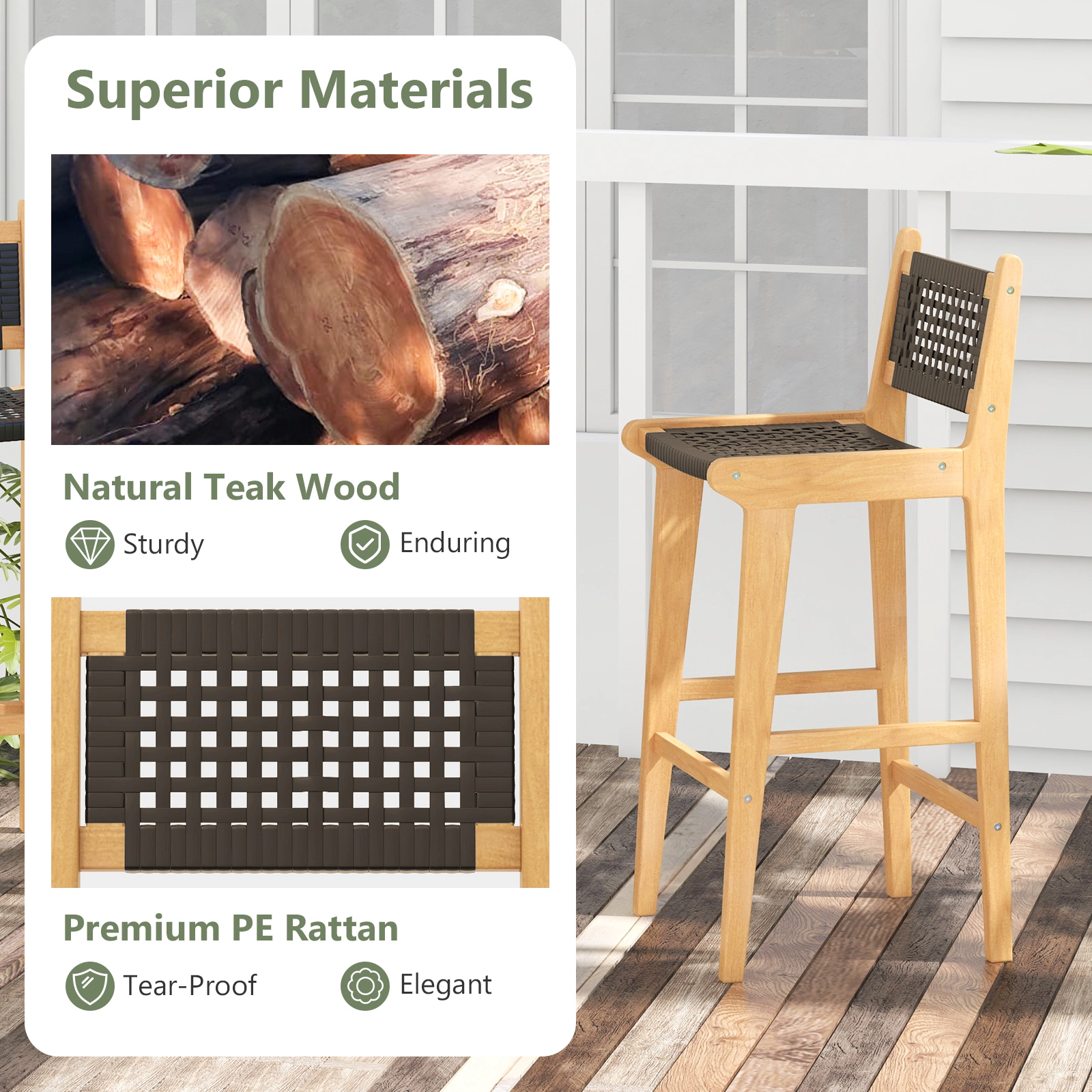 SUGIFT Rattan Teak Wood Bar Stool with Backrest and Footrest 330-lb Capacity 30-in Seat Height Black & Natural