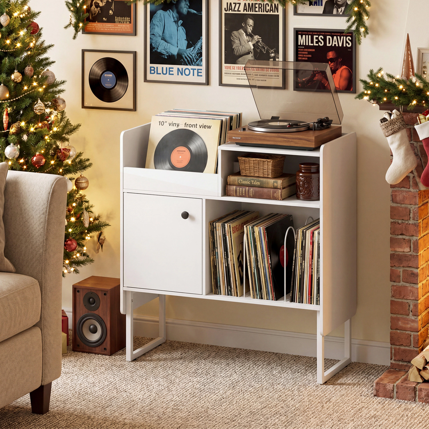 SUGIFT Record Player Stand White with Power Outlets and Vinyl Storage for 250 Albums