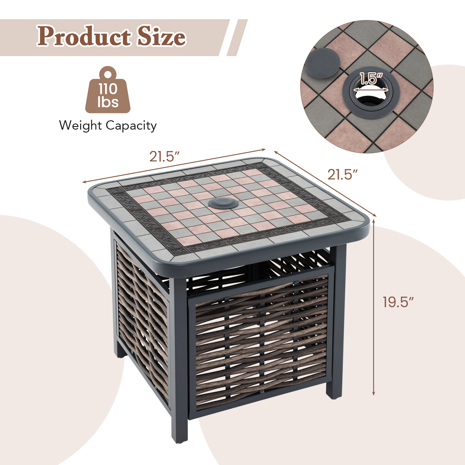 Hivvago 21.5 Inches Outdoor Pe Rattan Side Table Square End Table With Umbrella Hole