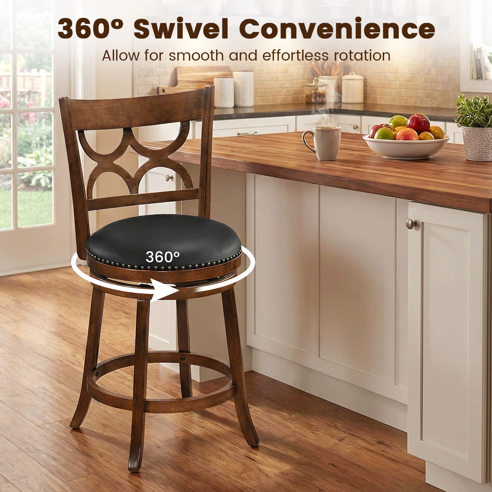 SUGIFT 360° Swivel Bar Stool 330-lb Capacity PVC Leather Seat Expresso