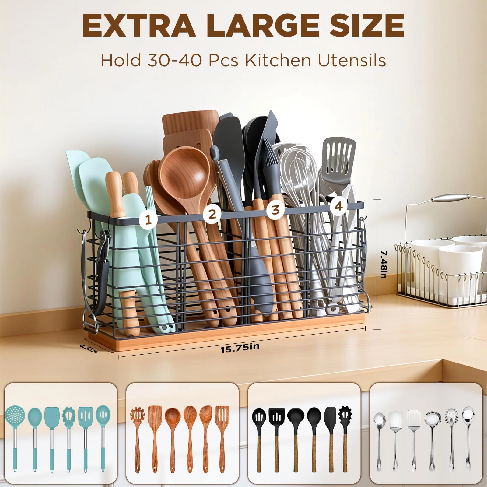 WZK Extra Large 40 Pcs Adjustable Compartment Wooden Base Kitchen Utensil Holder