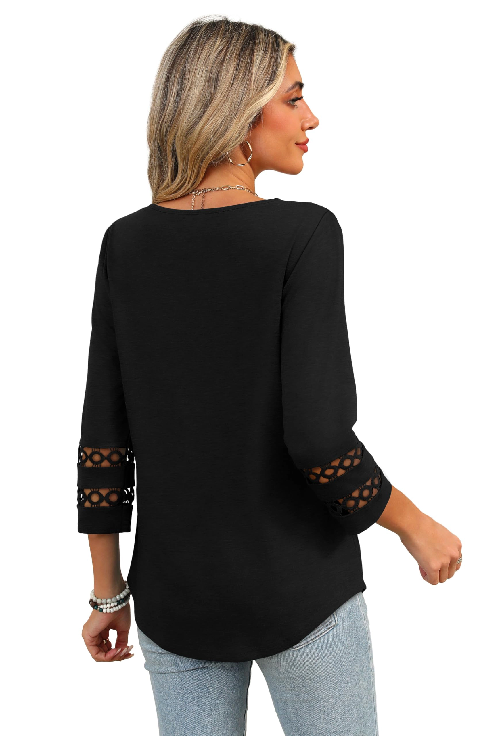 Enchanted Funland Womens V‑Neck 3/4 Sleeve Hollow Lace Cutout Cuff Casual Tops