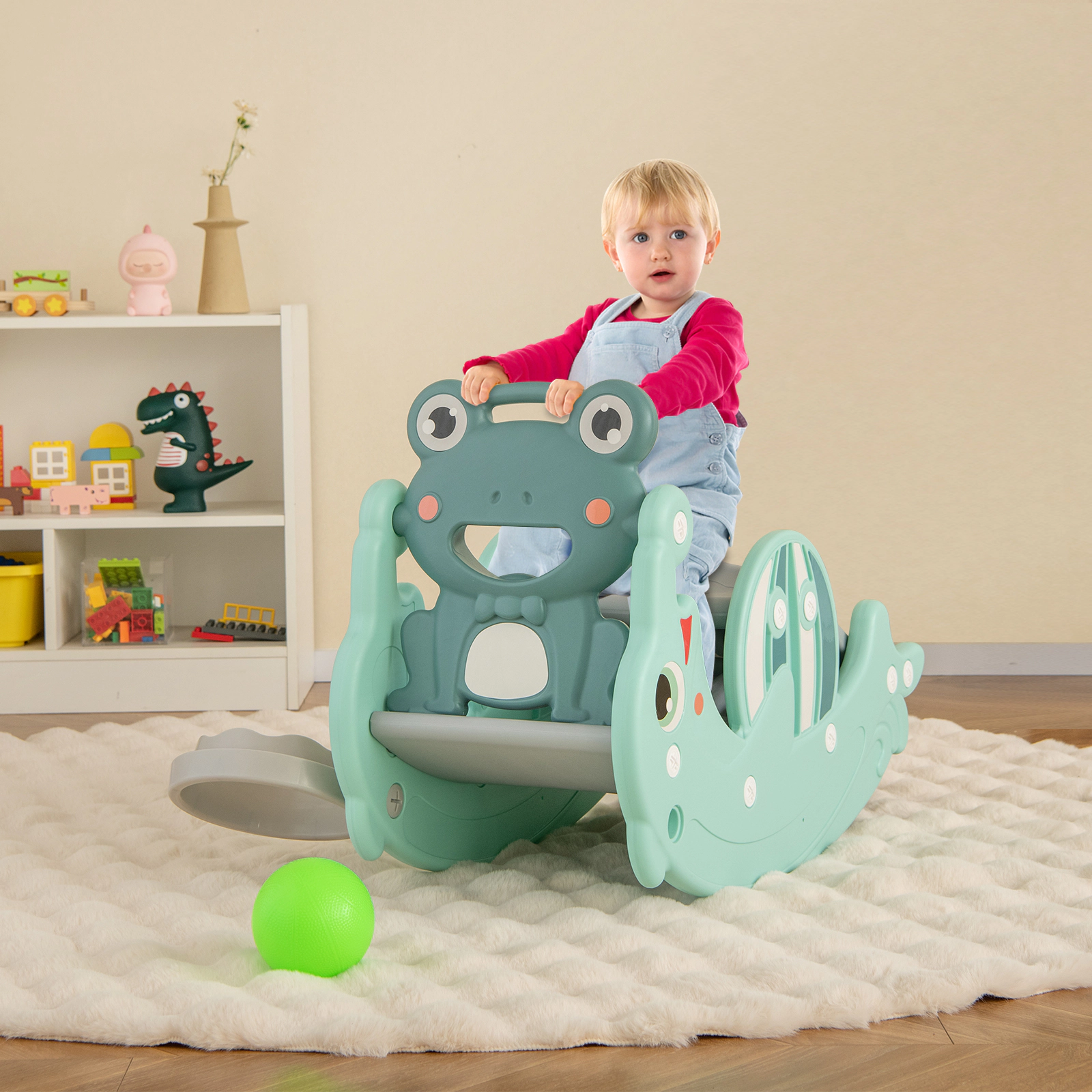 SUGIFT Green Basketball Hoop 3-in-1 Convertible Toddler Slide and Rocking Horse Set