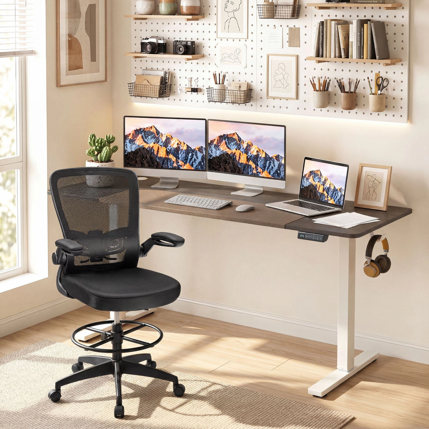 LJG 63 x 24 Inch Height Adjustable Sit Stand Computer Desk with 3 Memory Presets