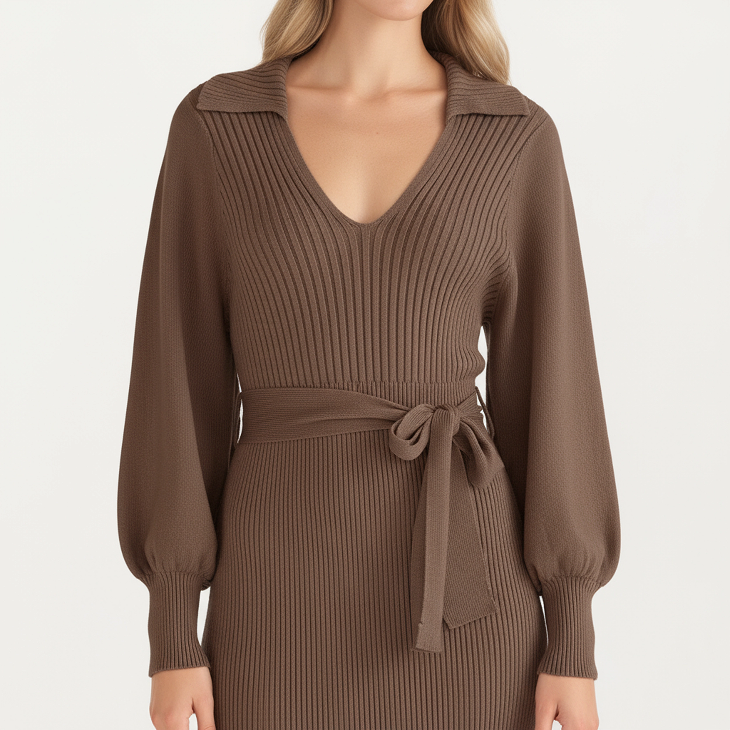 Anna-Kaci Women's Long Sleeve Ribbed Knit V-Neck Waist Tie Midi Dress