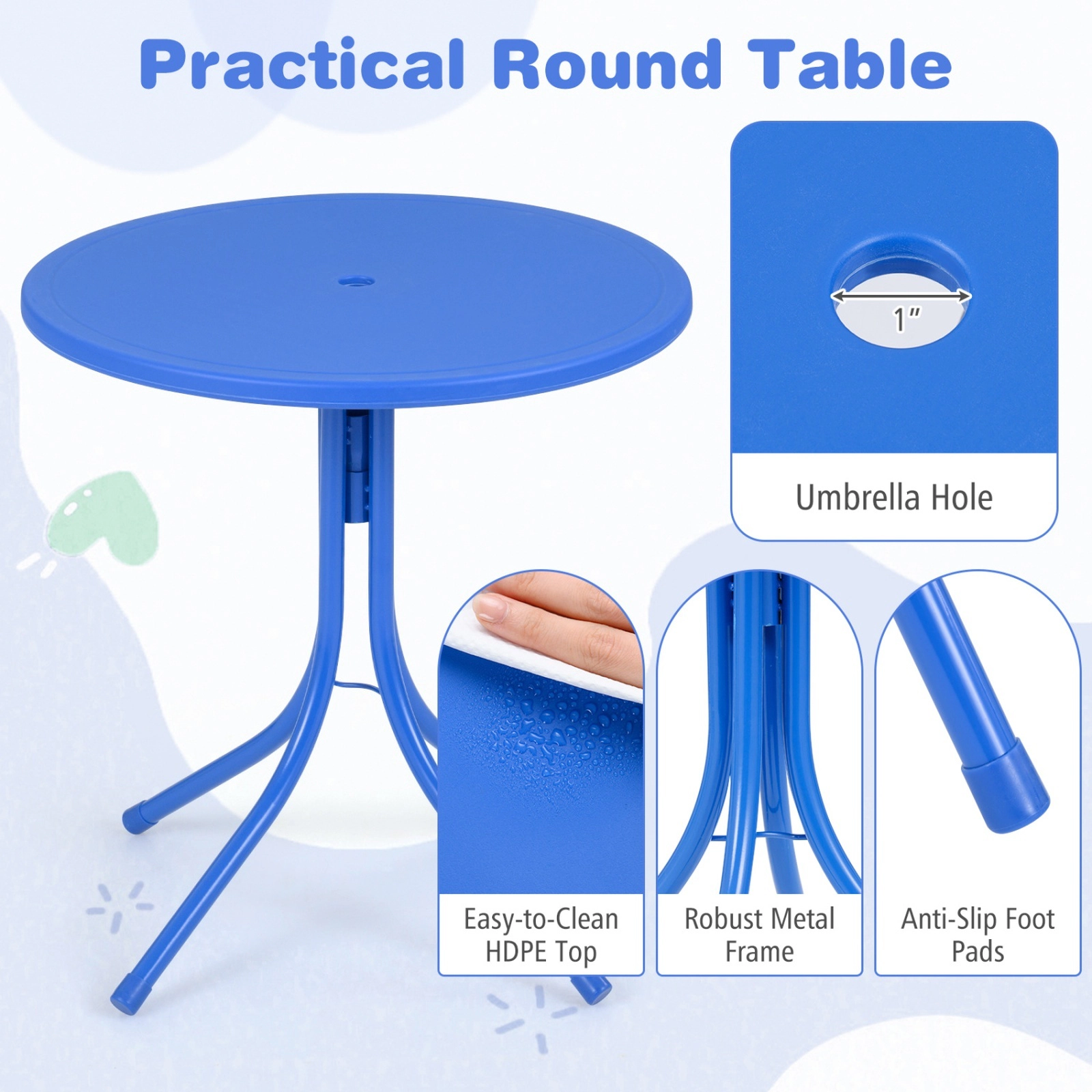 SUGIFT Kids Outdoor Table and Chair Set with Adjustable Umbrella, 2 Folding Chairs, Blue