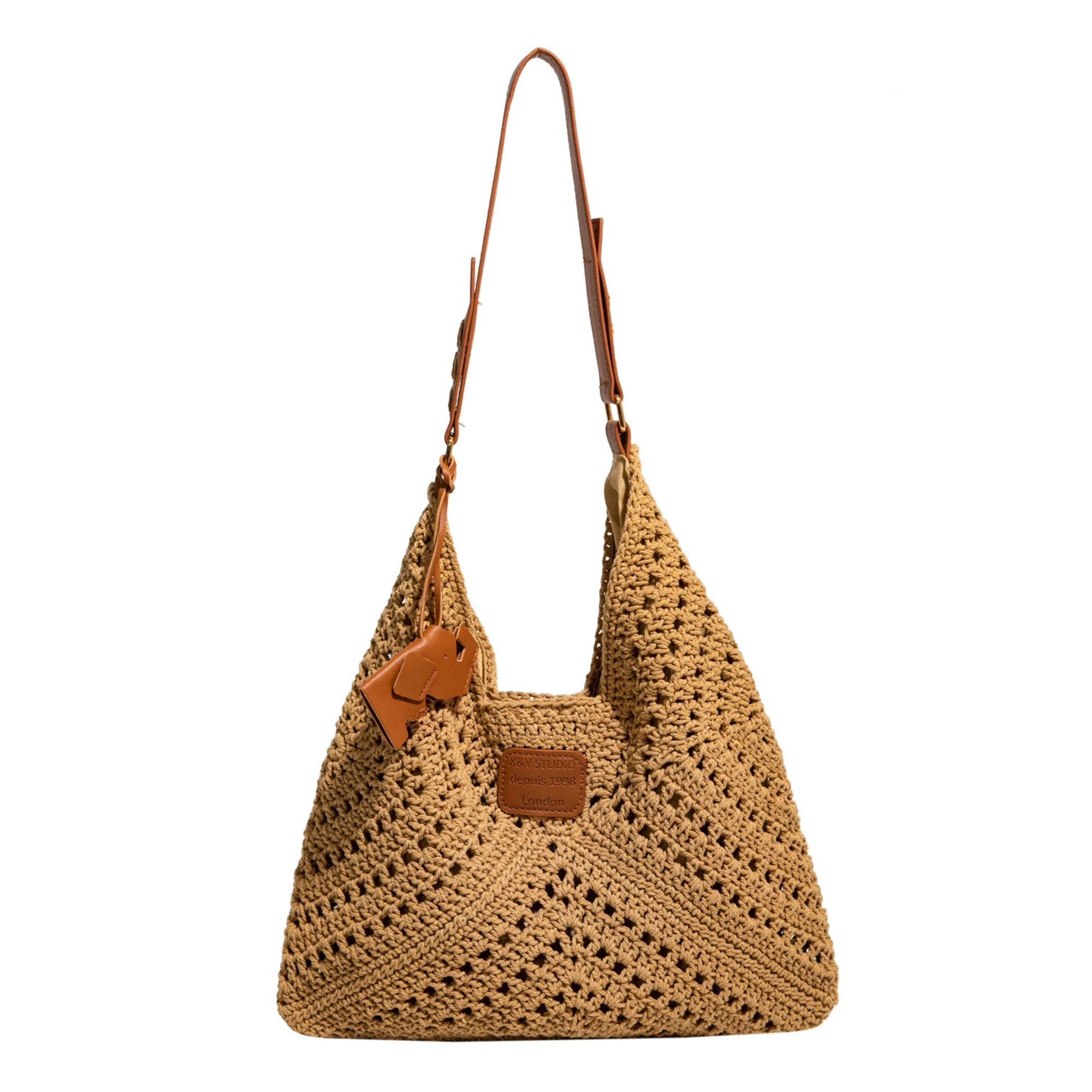 Alilang Women's Woven Crochet Shoulder Bag with Leather Strap Slouchy Hobo Handbag Lightweight Knit Tote